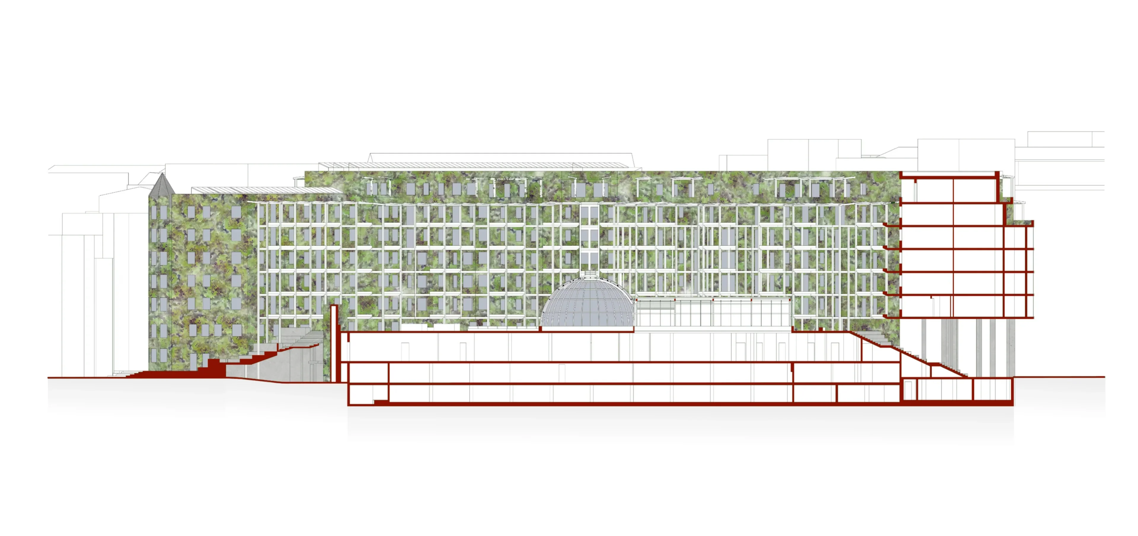 Beeindruckender Querschnitt durch die gesamte Passage, der die unterirdische Infrastruktur und die extrem begrünte Fassade zeigt.