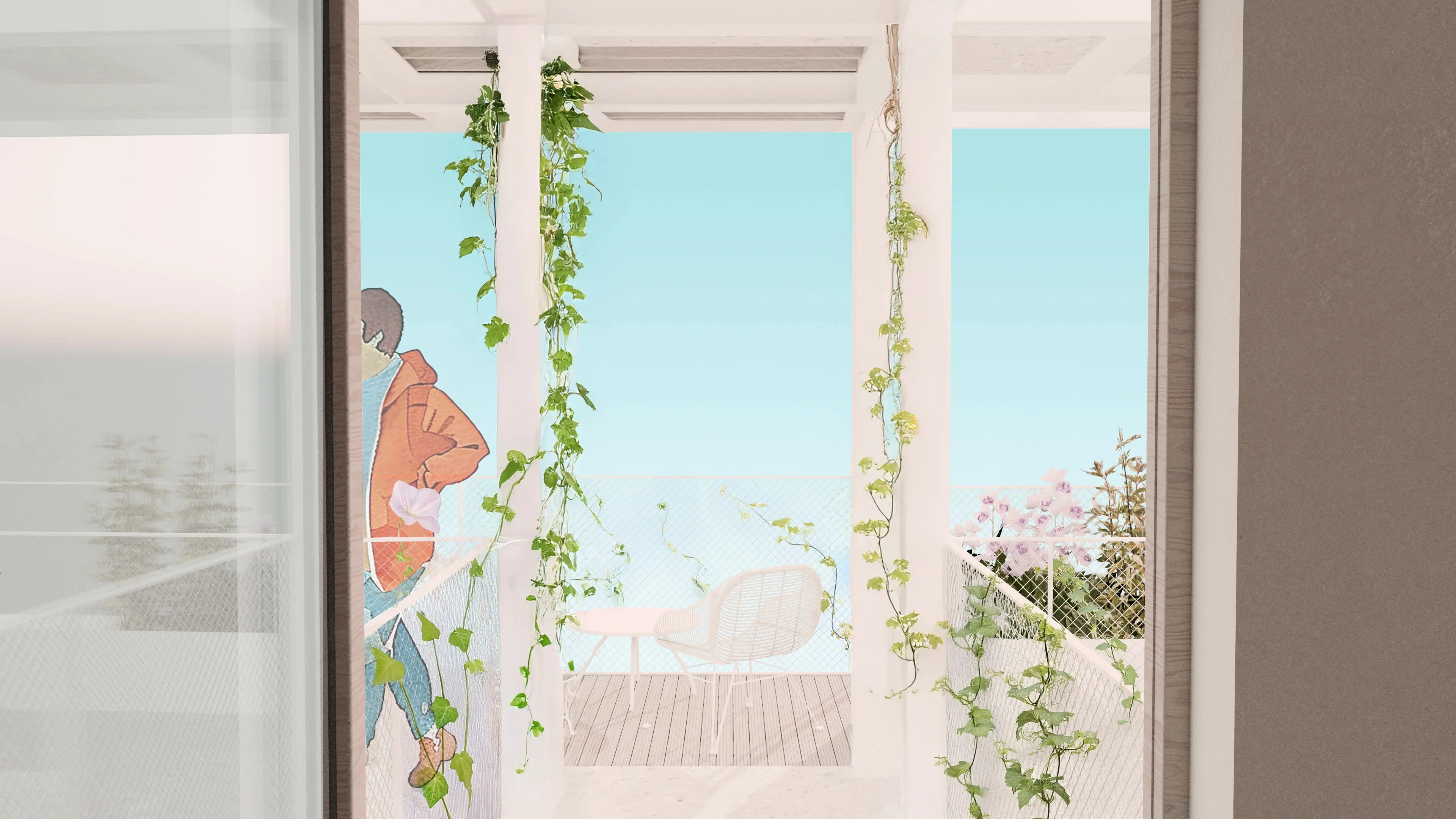 Nahaufnahme eines hellen Laubengangs mit filigranem Stahlnetz, herabrankenden Kletterpflanzen und einer kleinen Sitzgruppe.