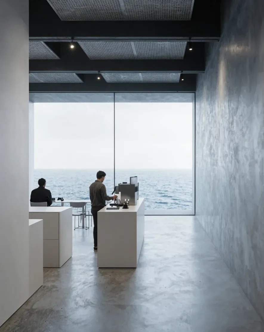 Café-Visualisierung: Sichtbetonwände und technische Decke rahmen eine monumentale Glasfront zum See.