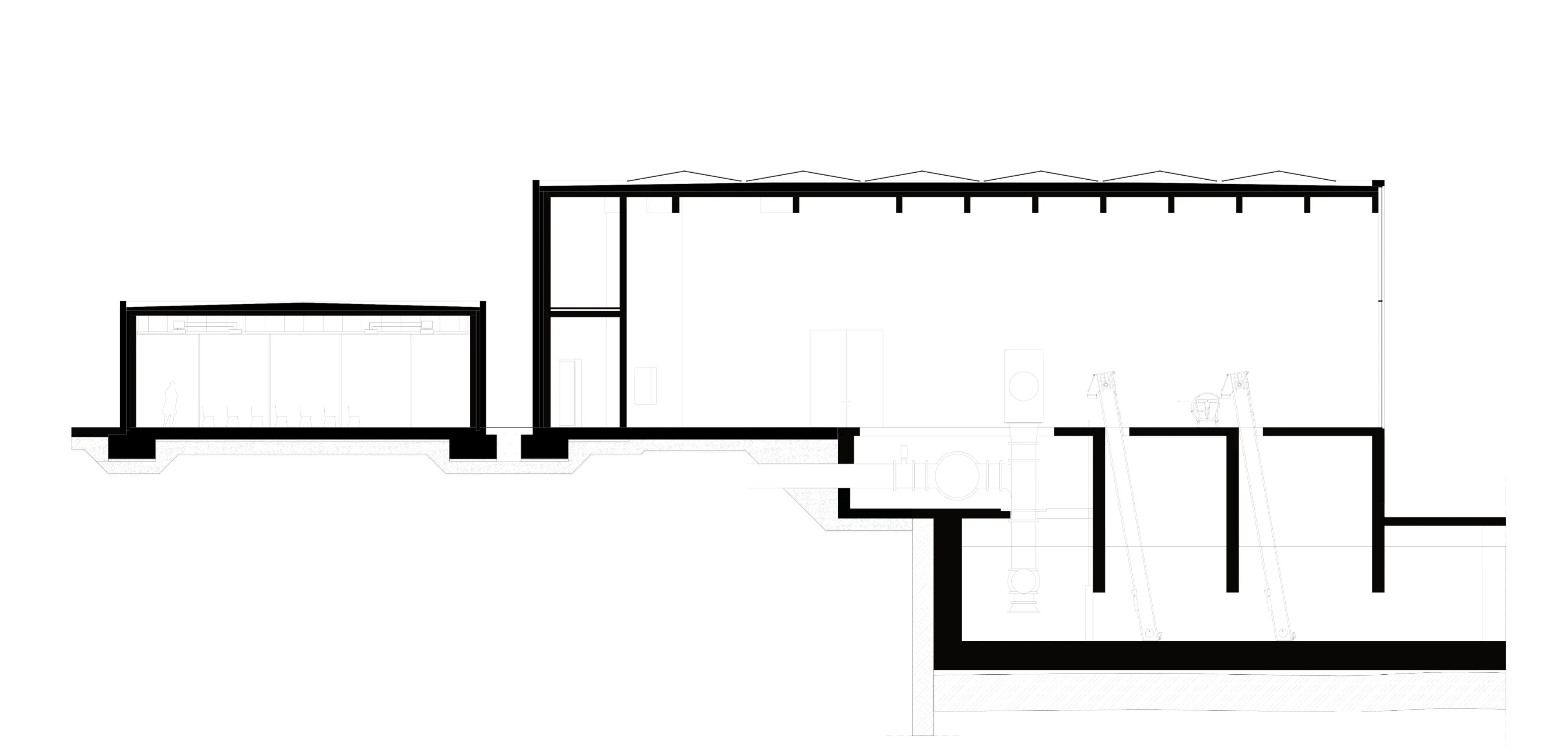 Querschnitt: Monumentale Maschinenhalle mit Rippendecke und tief im Gelände verankerten Inlets.