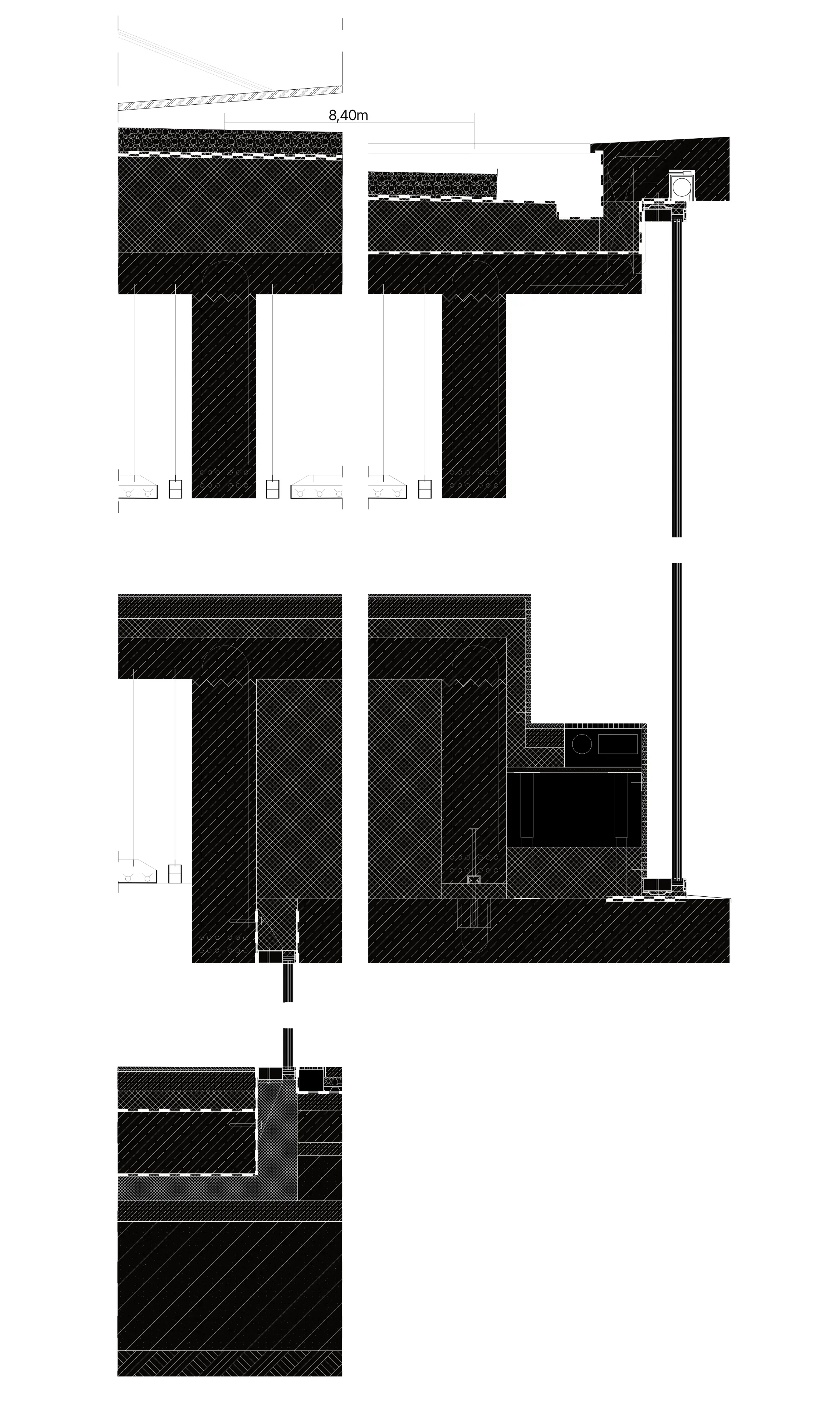 Technischer Vertikalschnitt einer 8,4 m auskragenden Decke mit 5,5 m hoher fugenloser Dreifachverglasung und integrierter Sitztreppe.