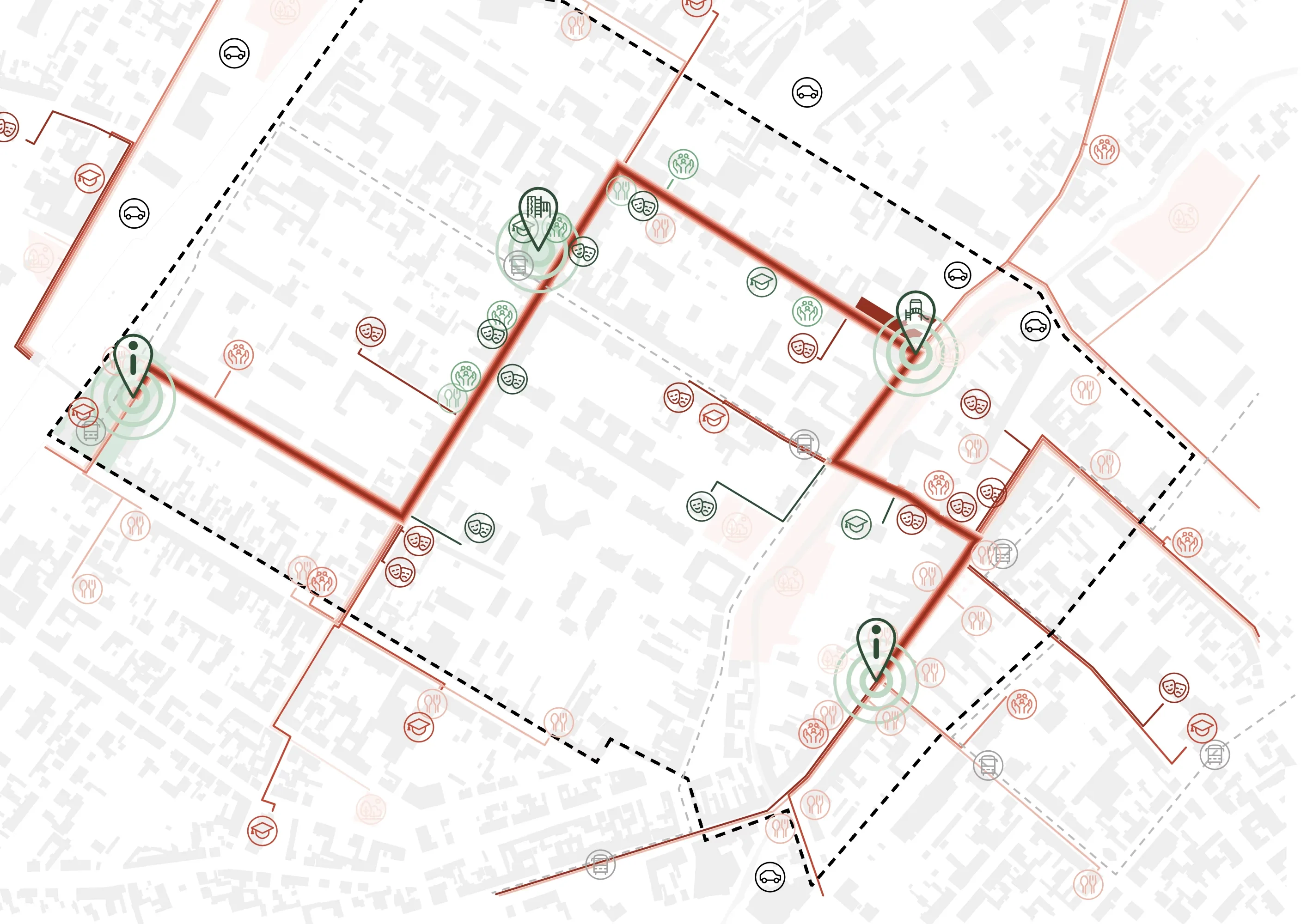 Urbaner Leitbildplan mit Piktogrammen: Eine rote Linie vernetzt grüne und kulturelle Hotspots im städtischen Kontext.