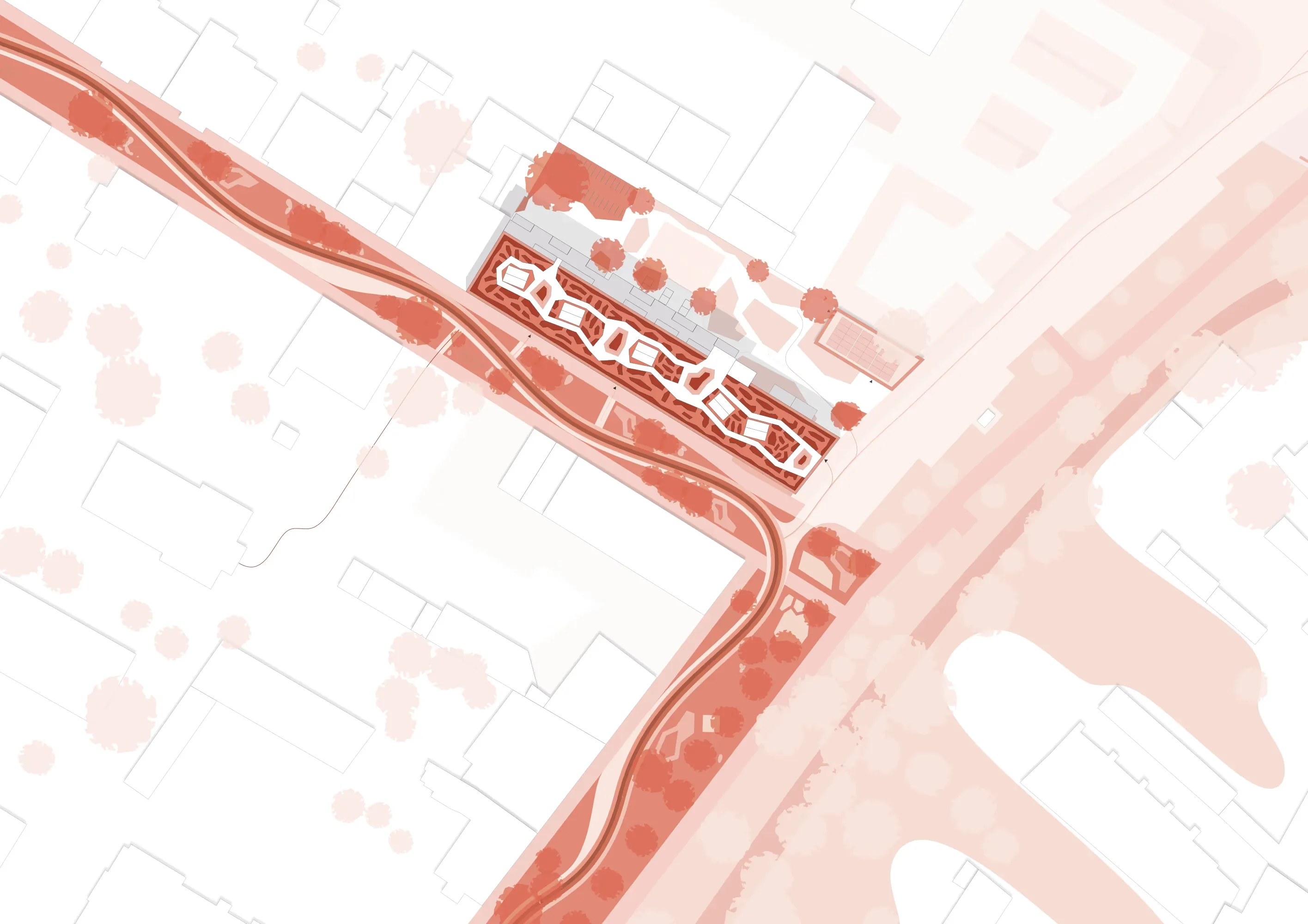 Detaillierter Lageplan: Der rote Gebäuderiegel sitzt an einem geschwungenen roten Pfad, der von Bäumen gesäumt wird.