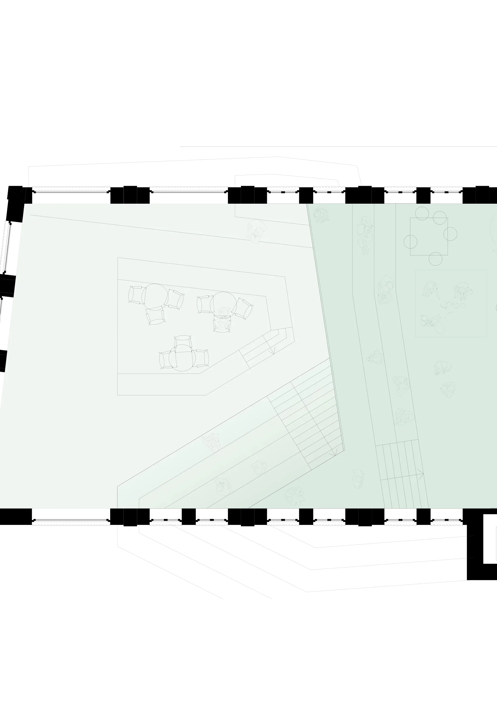 Detaillierter Grundriss des Cafés mit winkliger Sitztreppe und flexiblen Möbeln.