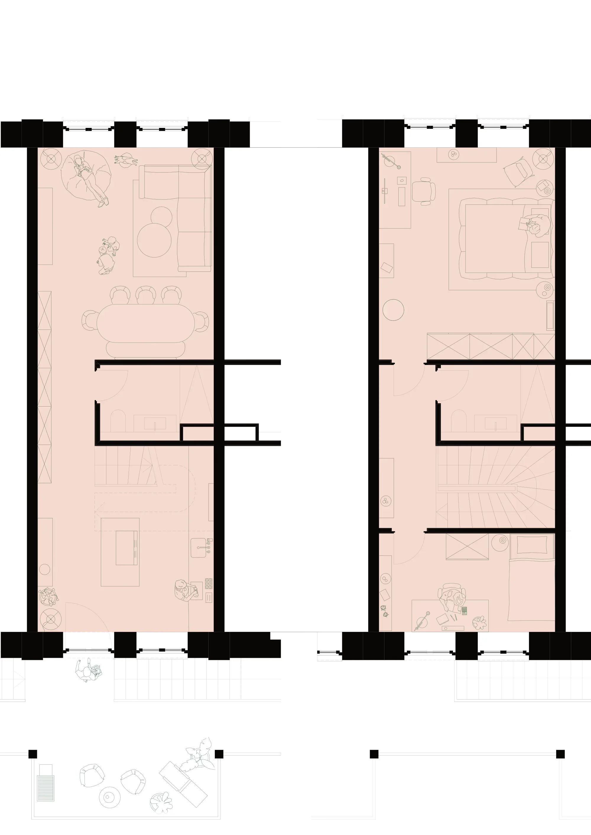 Floor plan of two maisonette apartments with living area below and sleeping area above.