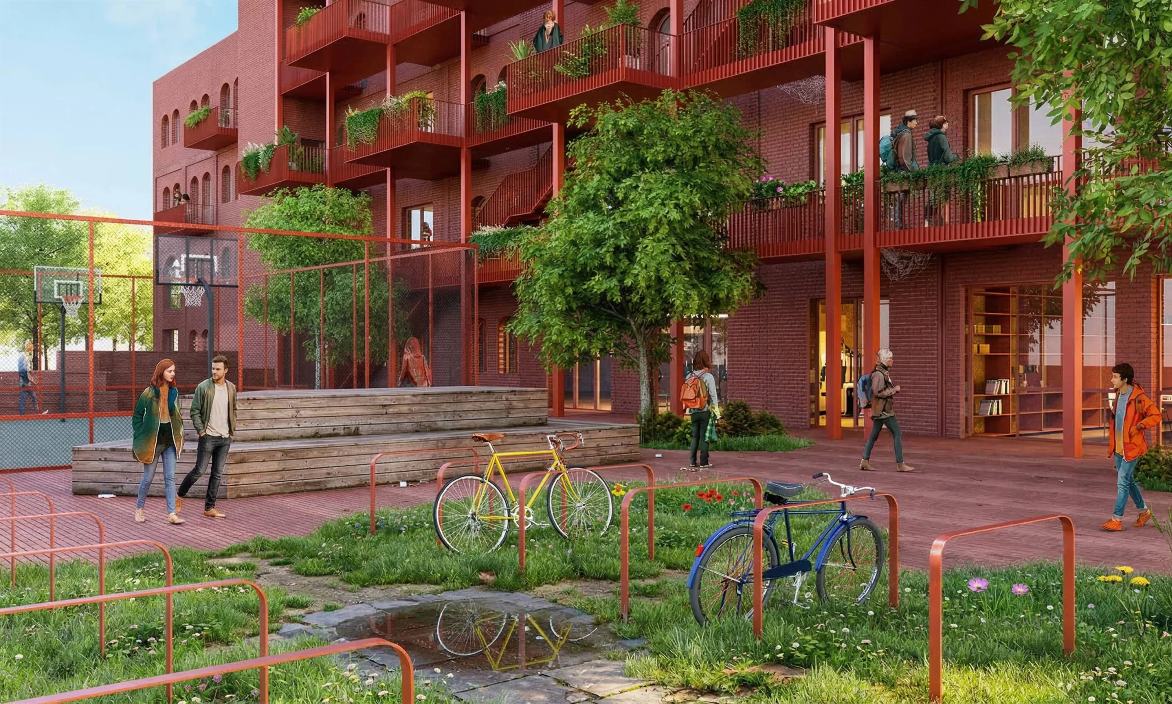 Roter Innenhof mit Sportkäfig, bepflanzten stählernen Laubengängen und einer Wiese mit Regenwasserpfütze.