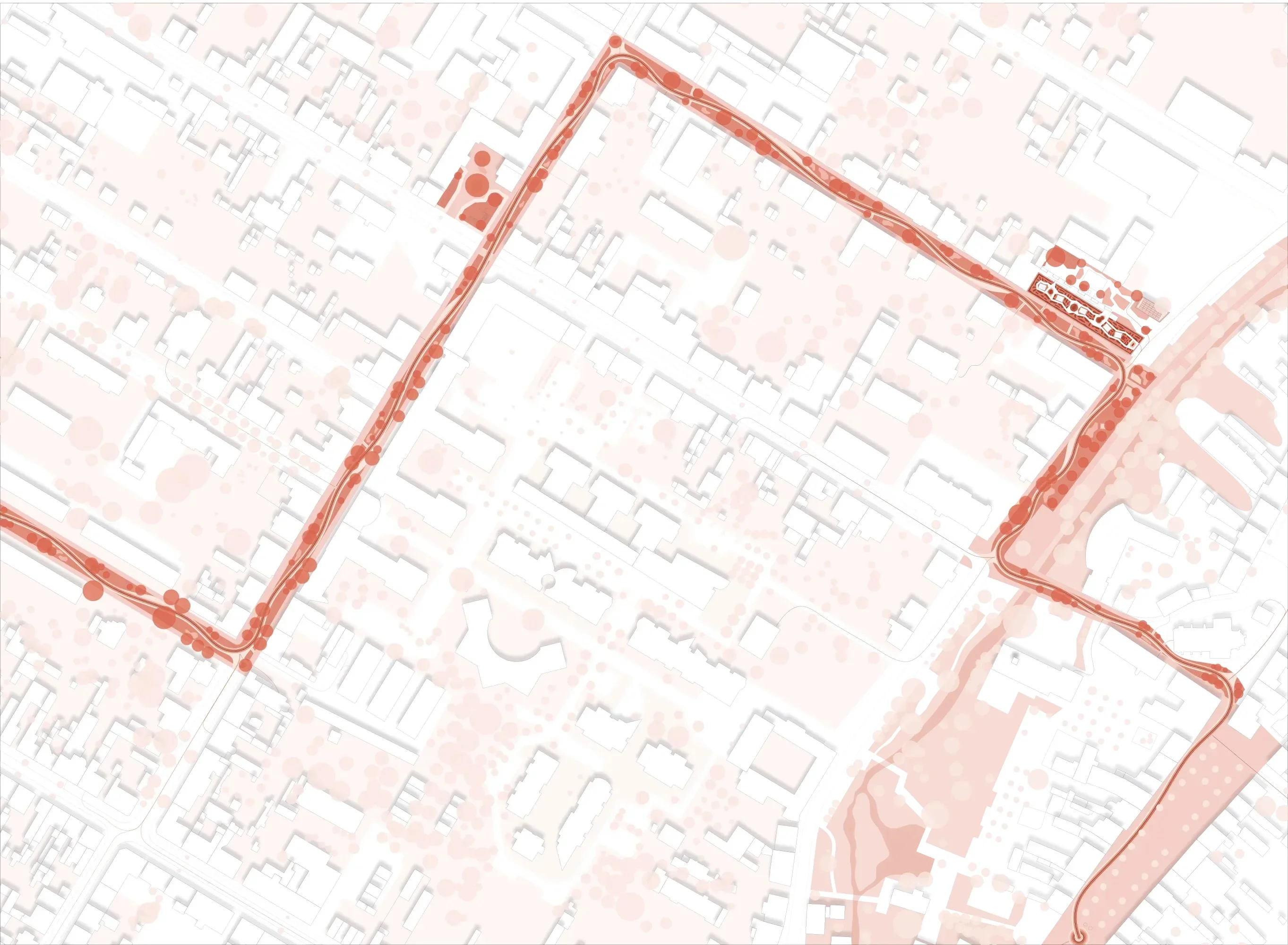 Urbaner Masterplan in Weiß mit einem markanten roten, geschwungenen Pfadsystem.