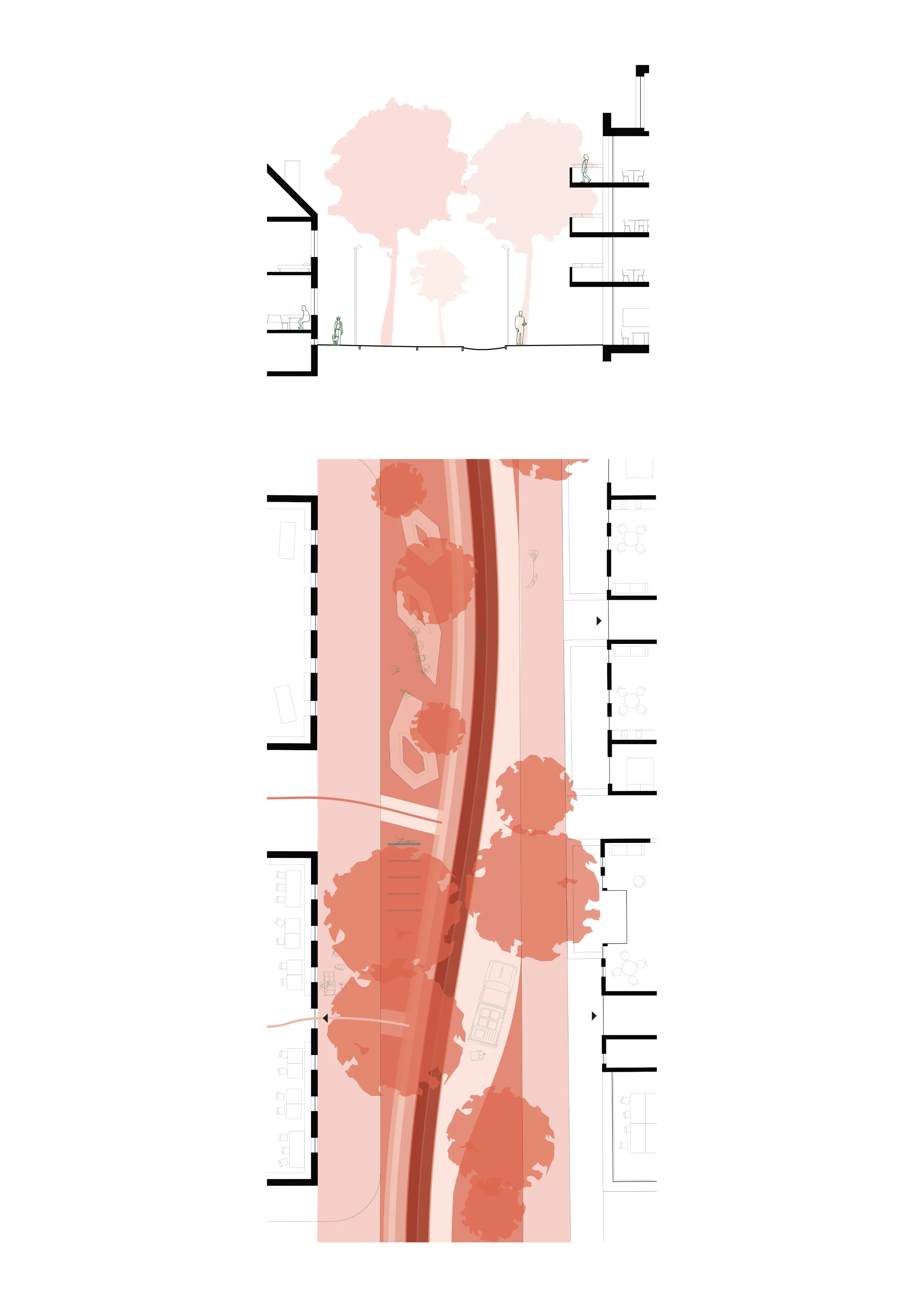 Schnitt und Grundriss des Straßenraums, der die direkte Verzahnung von Wegelandschaft und Gebäude zeigt.