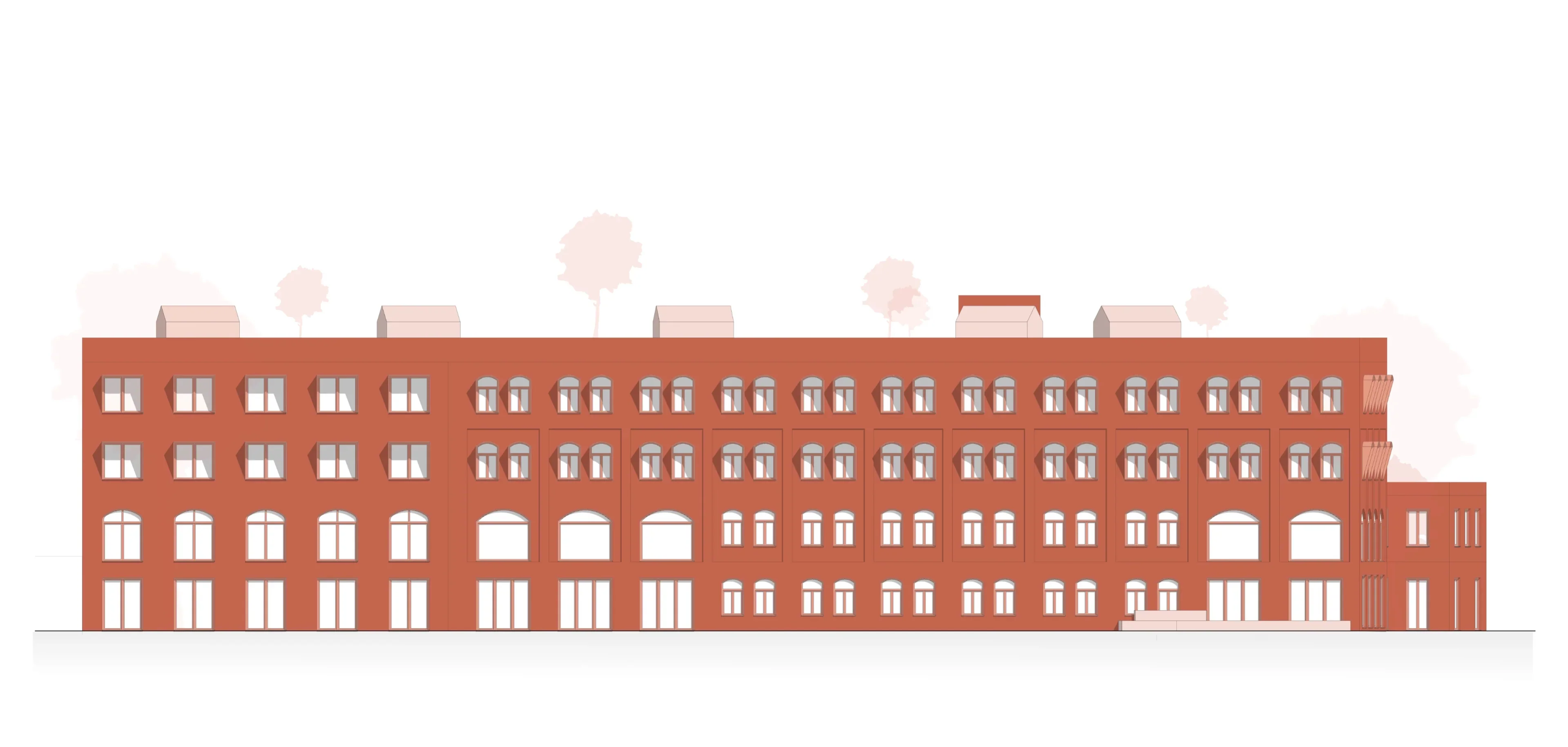 Südansicht: Monochrome Ziegelfassade mit tiefen Fensterlaibungen als konstruktivem Sonnenschutz.