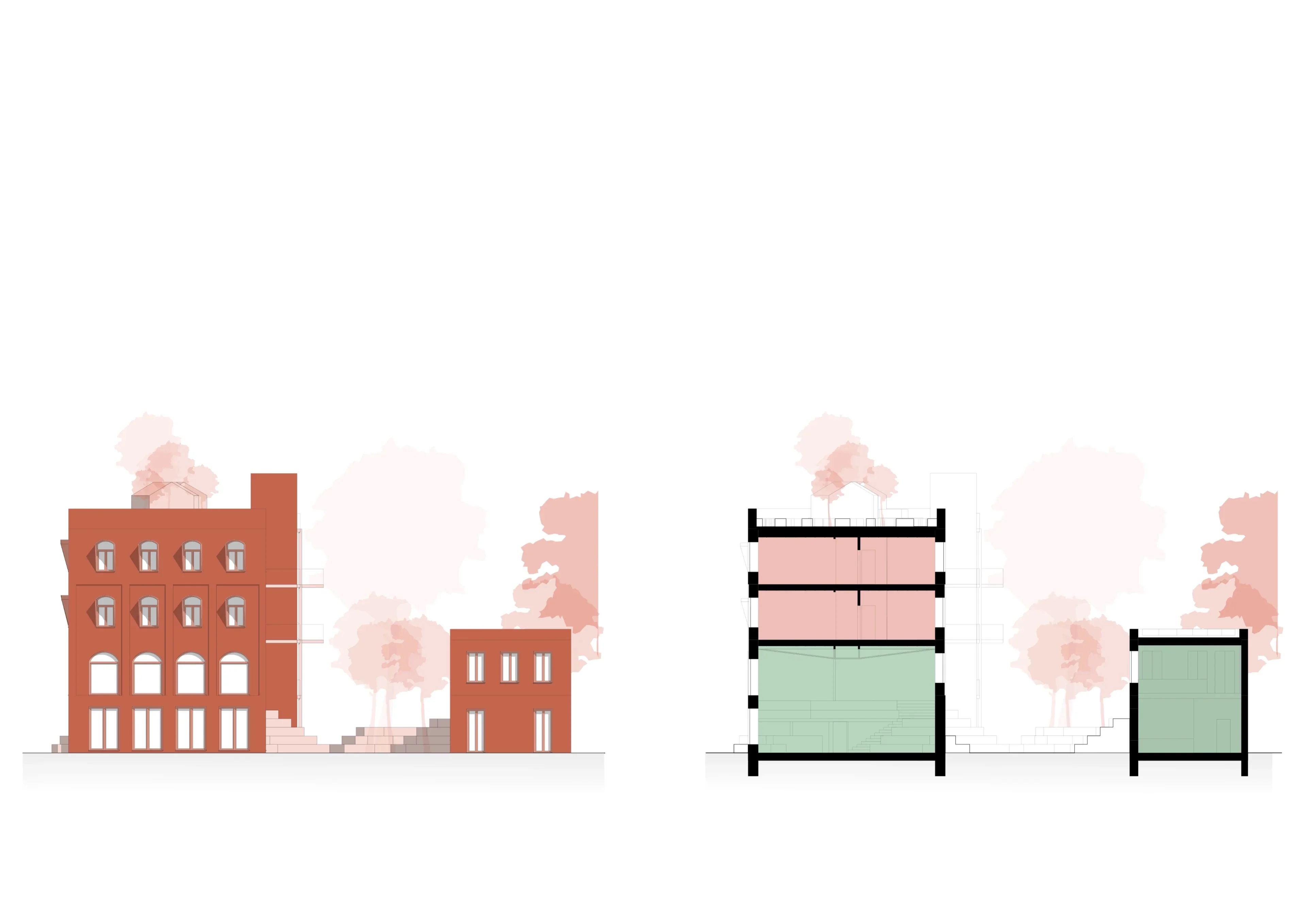 Ostansicht: Ensemble aus transformiertem Hauptgebäude und dem vorgelagerten Quartiers-Shop. Querschnitt: Räumliche Tiefe der doppelhohen Sockelzone und Aufbau der darüberliegenden Wohneinheiten.