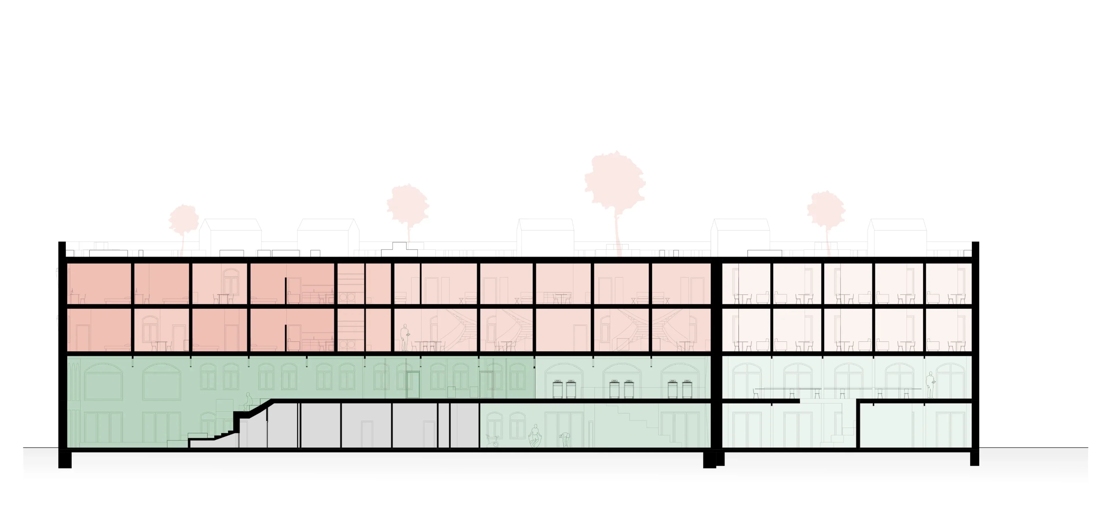 Längsschnitt: Vertikale Schichtung von öffentlicher Basis (grün) und privatem Holzbau-Wohnen (rot).