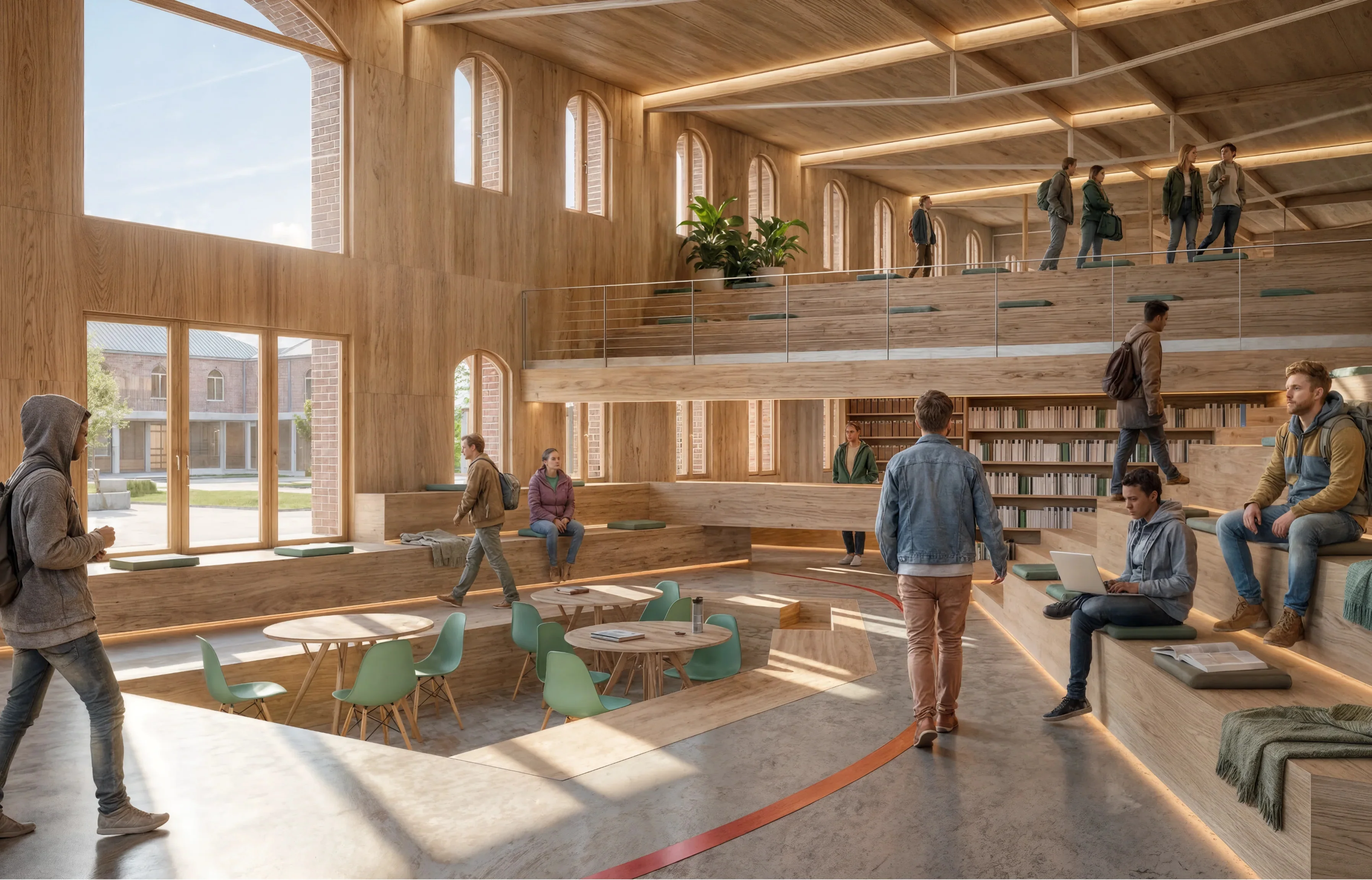 Holzverkleideter Innenraum eines Cafés mit breiter Sitztreppe, historischen Bogenfenstern und einer roten Linie am Boden.