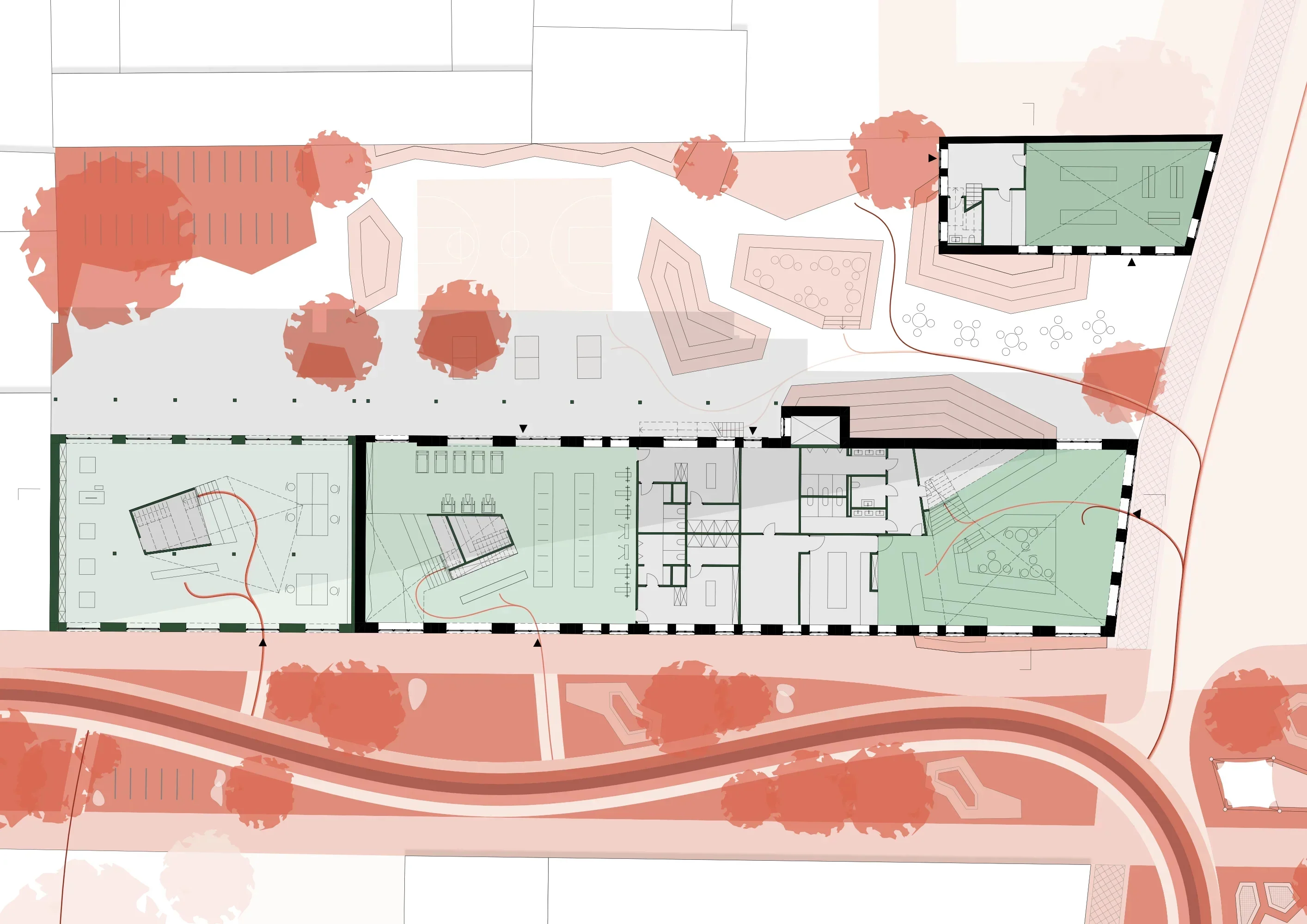 Erdgeschoss-Grundriss in Rot-Tönen, angebunden an den geschwungenen Außenpfad.