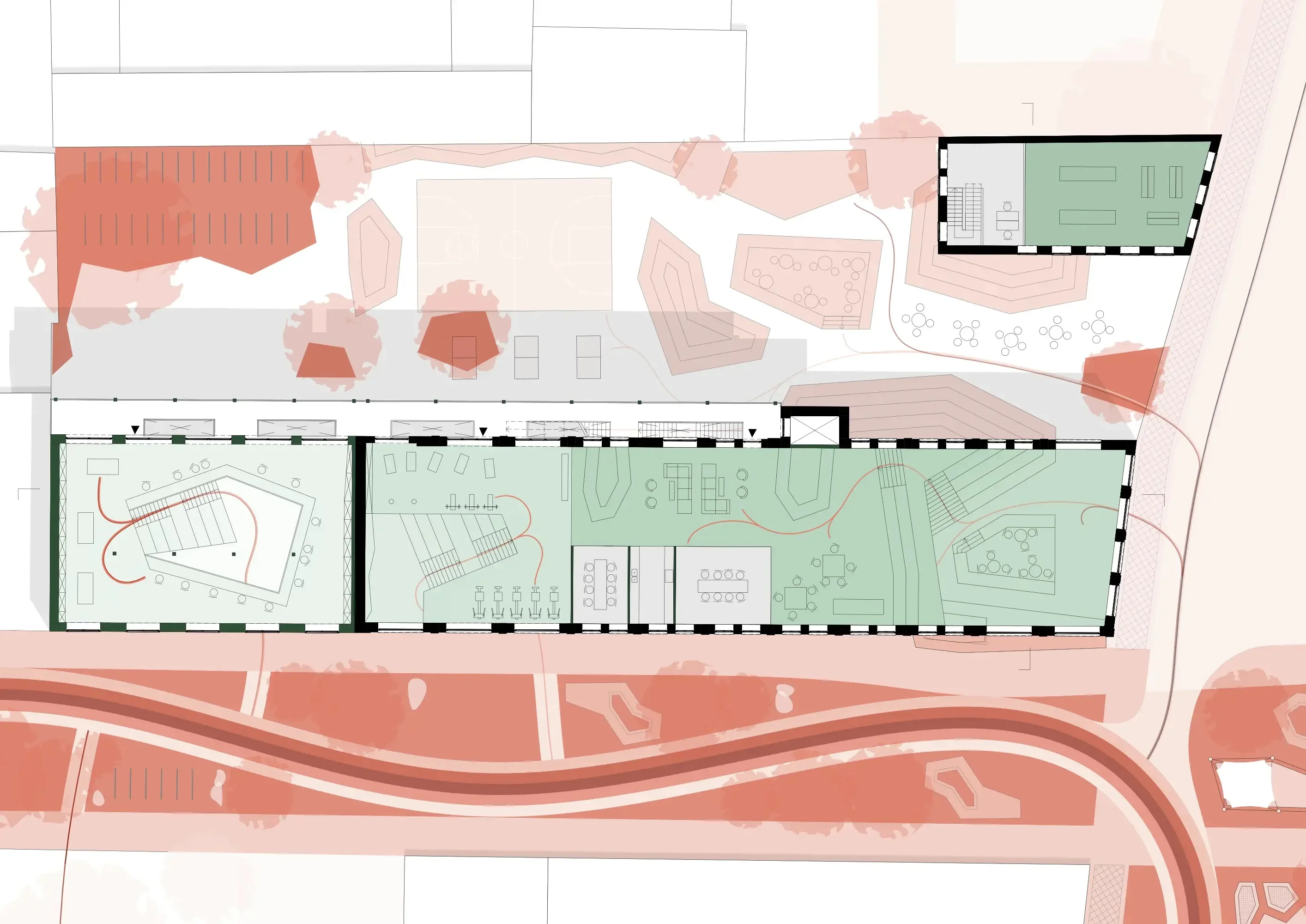 Obergeschoss-Grundriss in Grün-Tönen mit einer durchgehenden roten Linie im Boden.