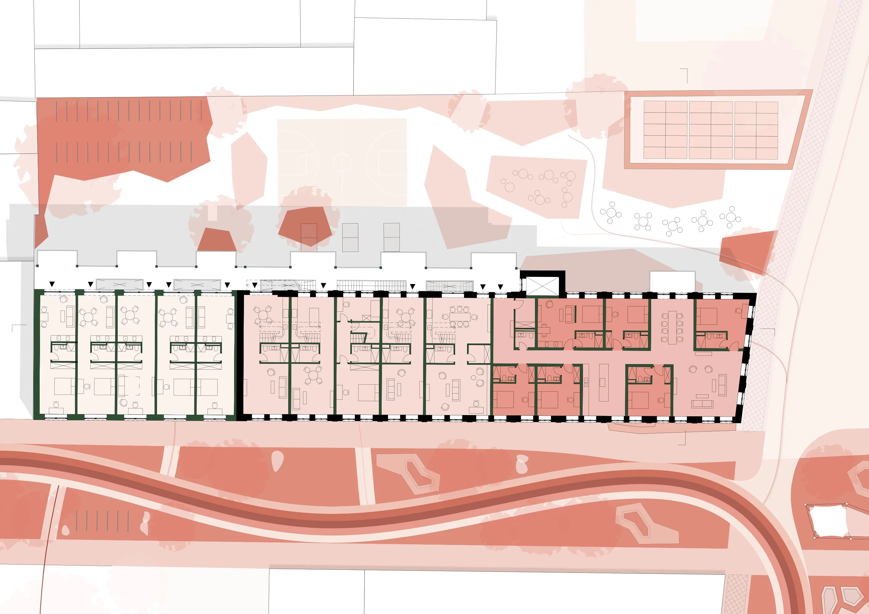 Wohngeschoss-Grundriss mit Cluster-Typologien und Laubengang-Erschließung.