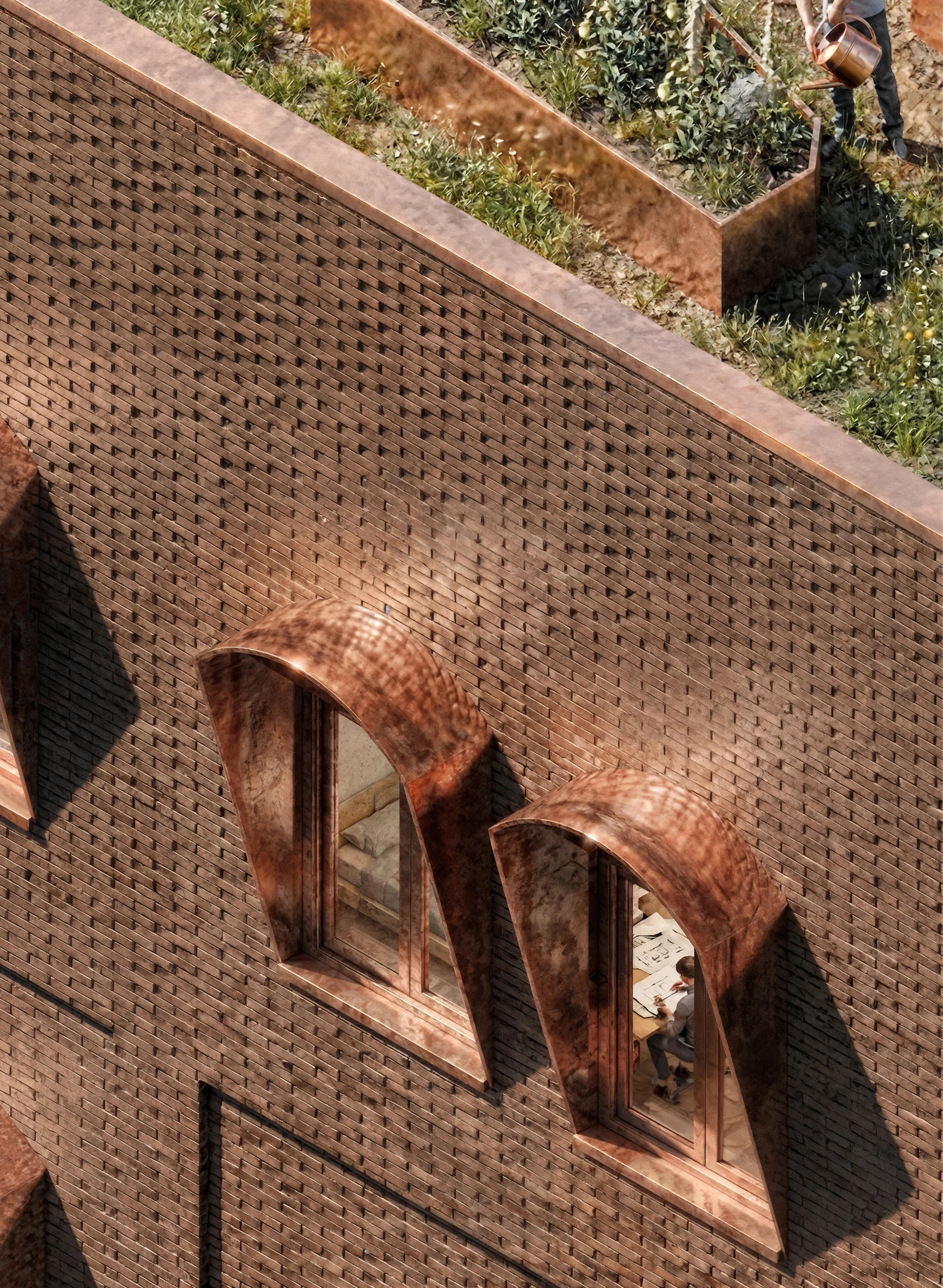 Isometrie der roten Ziegelfassade mit stark abgeschrägten, tiefen Fensterlaibungen.