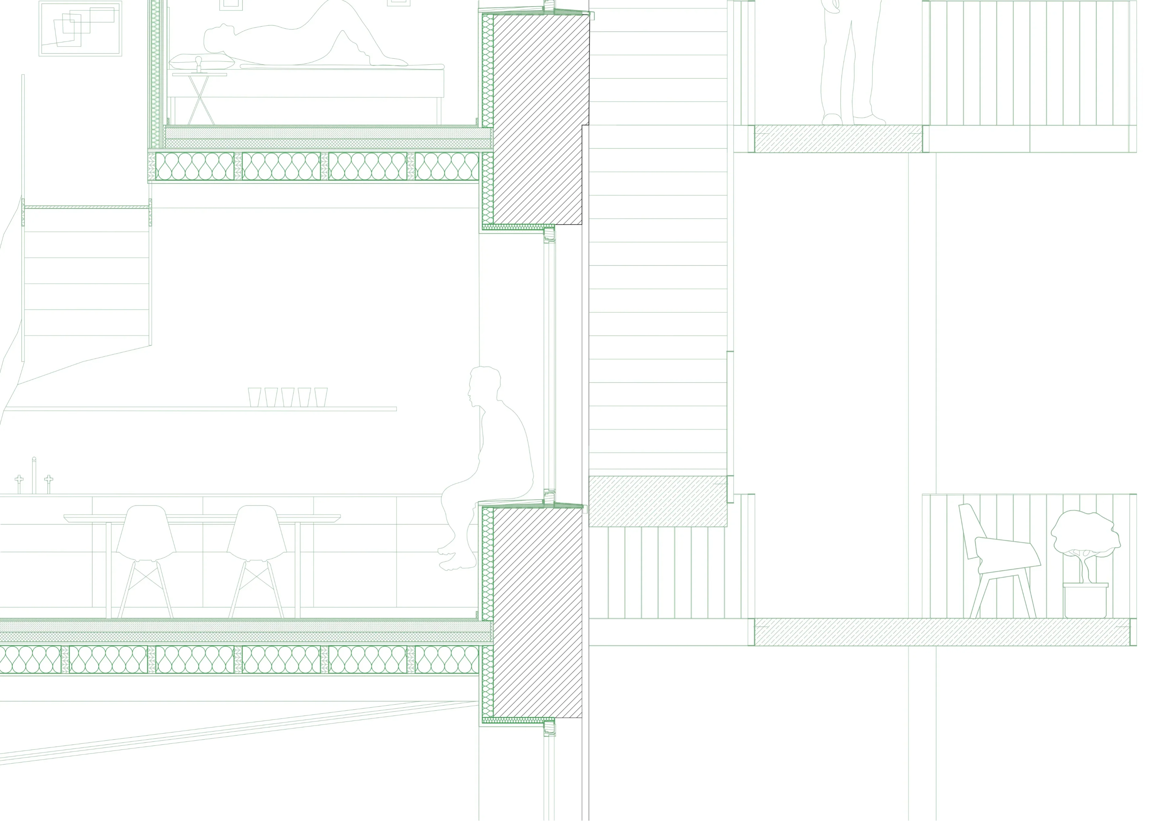 Detailschnitt der Außenwand mit sichtbarer Holzdecke, Innendämmung und vorgelagertem Laubengang.
