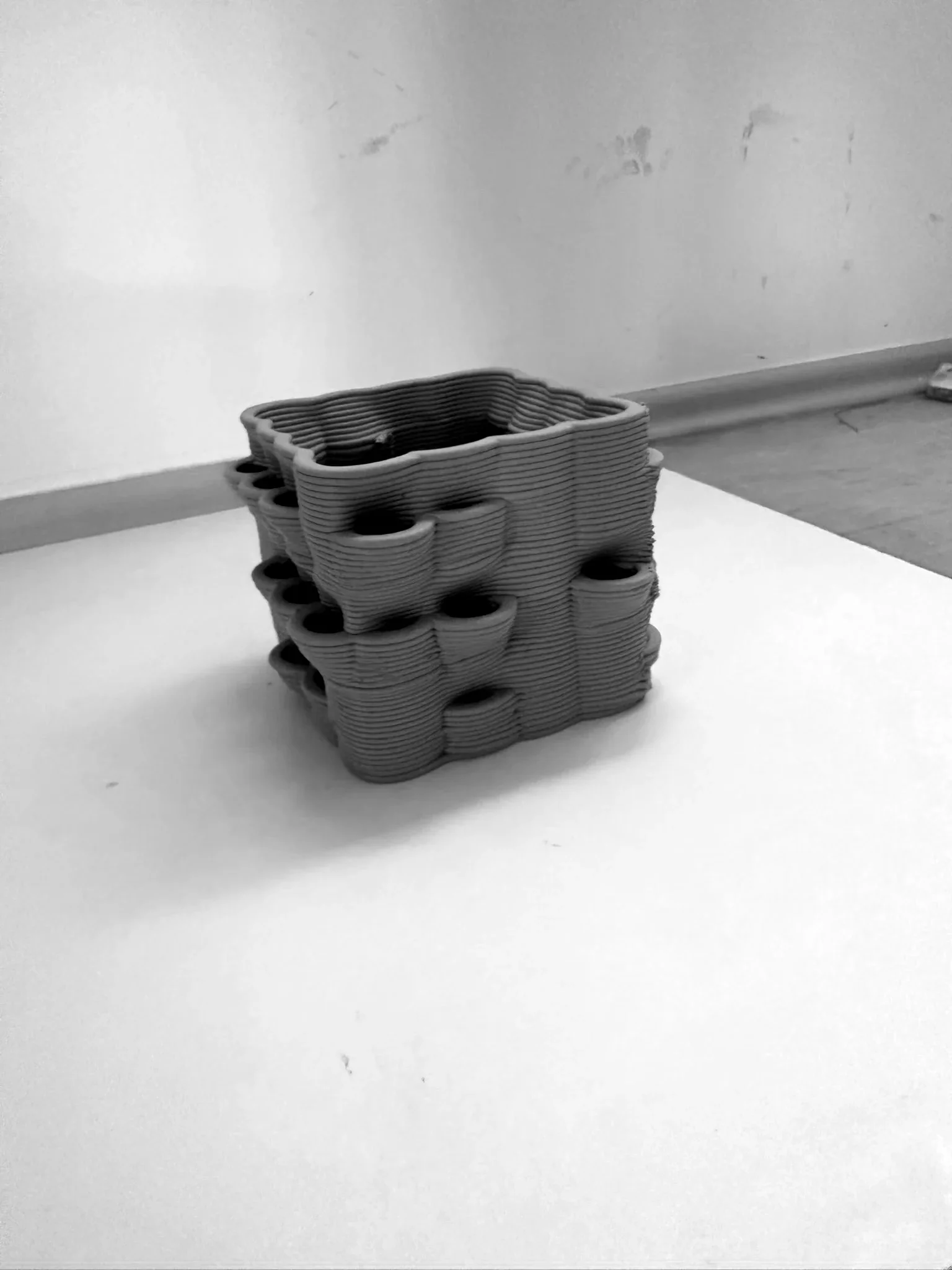 Eine Graustufen-Visualisierung eines quadratischen Ton-Modells, das verschiedene Oberflächenstrukturen und Lochgrößen testet. Diese „Unit“ dient der Erforschung von Mustern, wobei die Vorsprünge die späteren Halterungen für Gewürzbehälter simulieren. Die unregelmäßige Anordnung der „Balkone“ auf der gewellten Oberfläche spiegelt die stochastische (zufällige) Verteilung der Balgfrüchte in der Natur wider und dient der Optimierung der Druckpfade.