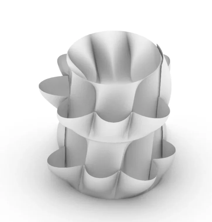 Eine digitale 3D-Perspektivansicht des „Spice Cylinders“, die die tektonische Eleganz der radialen Auskragungen isoliert darstellt. Das Rendering zeigt die präzise Anordnung der zwei Ebenen von „Balkonen“, die als Andockstationen für Gewürzbehälter dienen. Die glatte, weiße Oberfläche im Modell simuliert den idealisierten Pfad des 3D-Druckers (LDM) und verdeutlicht das biomimetische Prinzip: Die trichterförmigen Halterungen sind tief in den zentralen Zylinder eingeschrieben, genau wie die Balgfrüchte eines Banksia-Zapfens. Diese Ansicht macht die Schwerpunktlogik begreifbar – die Krümmung der Auskragungen ist so berechnet, dass sie trotz des weiten Überhangs beim Drucken nicht kollabieren.