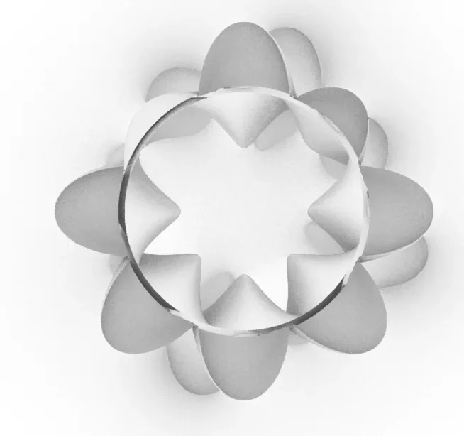 iese Draufsicht analysiert die Raumökonomie und Symmetrie des Entwurfs. Das Bild zeigt das zentrale Reservoir, das für das Einsetzen eines Kräutertopfs vorgesehen ist. Um diesen Kern herum sind acht Einheiten pro Ebene angeordnet, was eine optimale Proportion zwischen Stabilität und Speicherkapazität garantiert. Die Grafik visualisiert die Lösung des „Lost-at-the-back“-Problems herkömmlicher Gewürzregale: Durch die radiale Geometrie ist jeder Behälter im 360-Grad-Winkel gleichwertig sichtbar und ohne Reibungsverlust zugänglich. Die organische, sternförmige Silhouette unterstreicht den Anspruch, funktionale Küchenorganisation mit der Schönheit natürlicher Wachstumsregeln zu verschmelzen