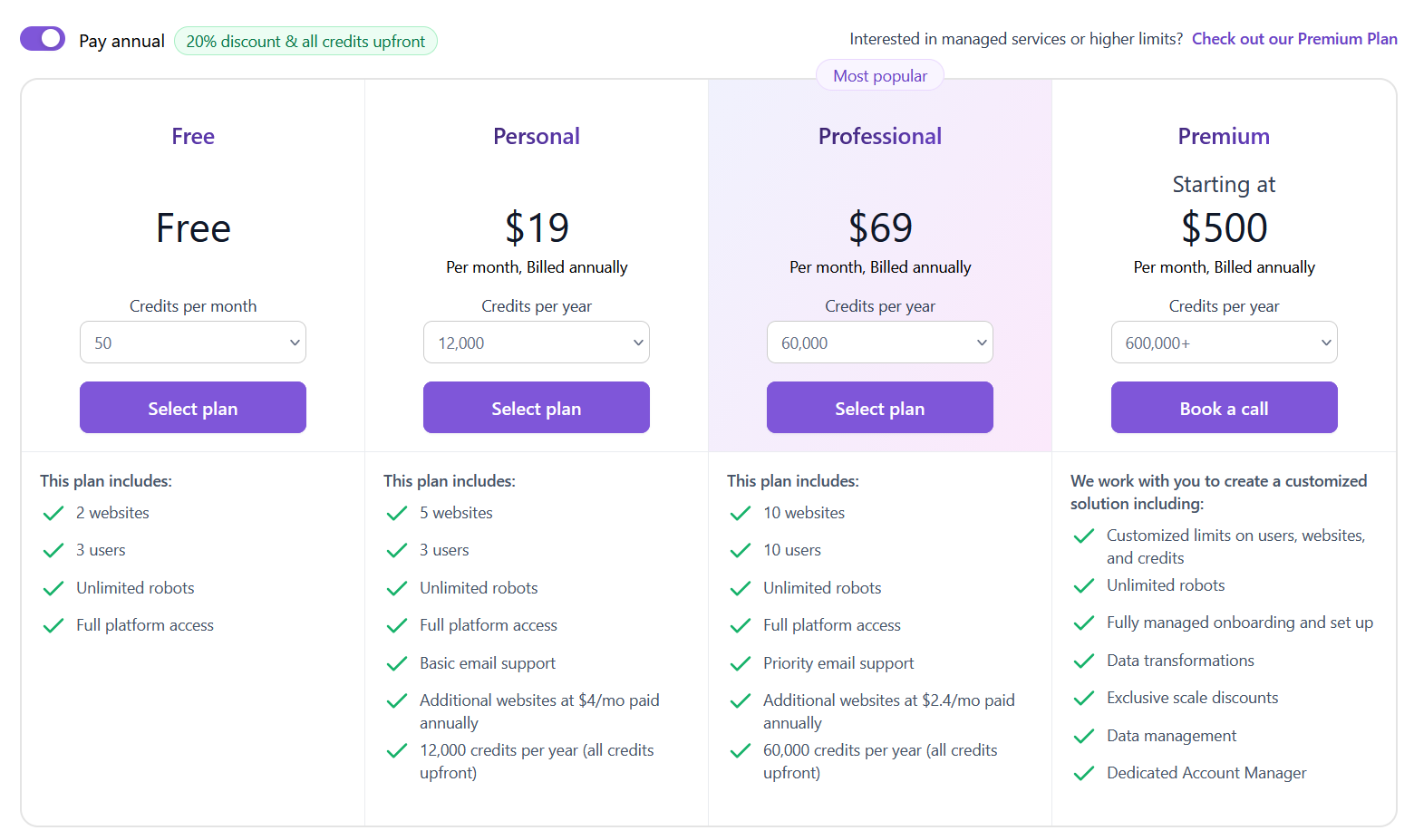 A screenshot  illustrating the different plan tiers and their core benefits for Browse AI