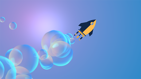 blue and purple gradient background with rocket followed by a trail of bubbles