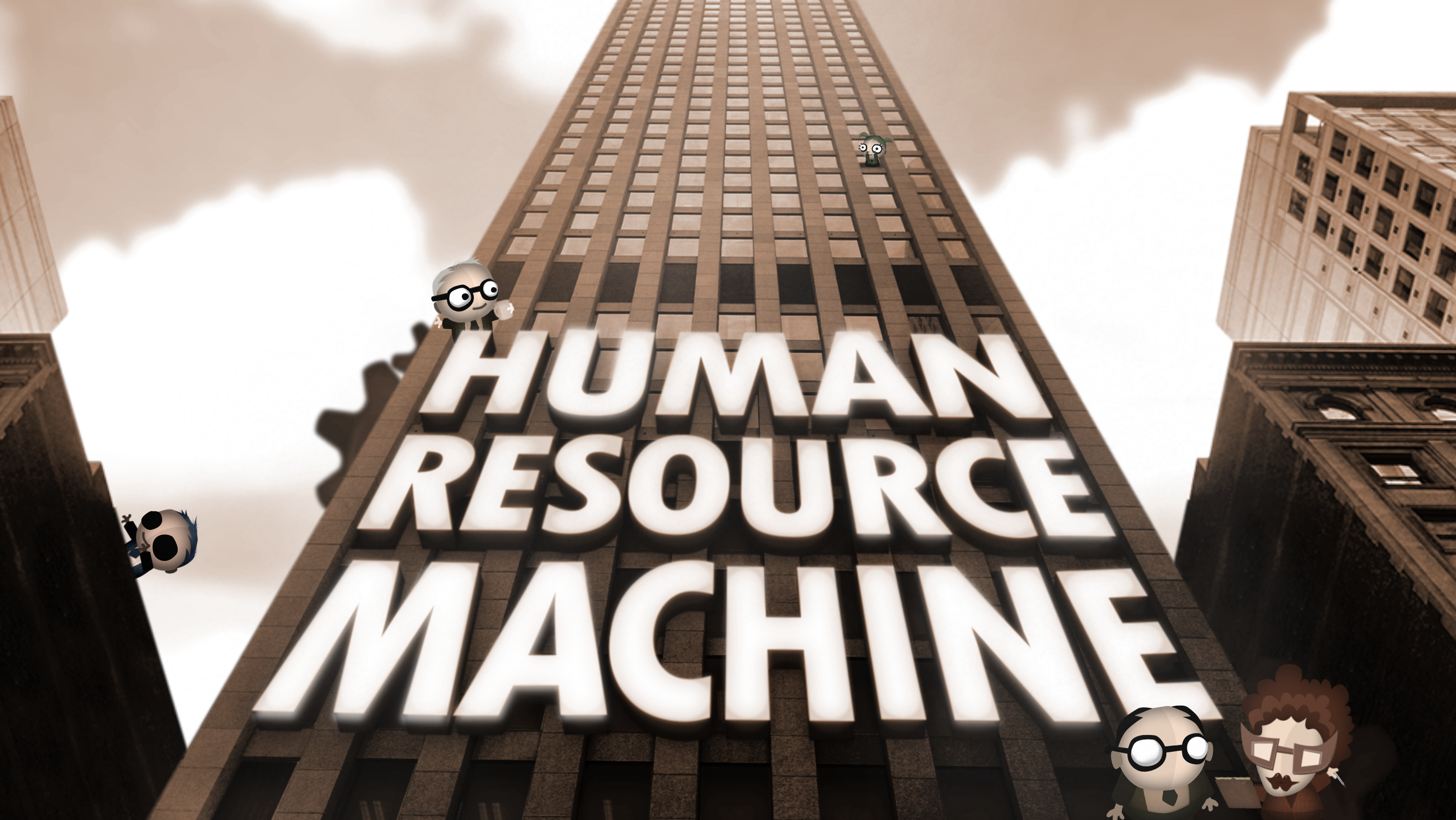 Screenshot of the starting screen of the video game Human Resource Machine. A building with cogs and people dressed in suites. 