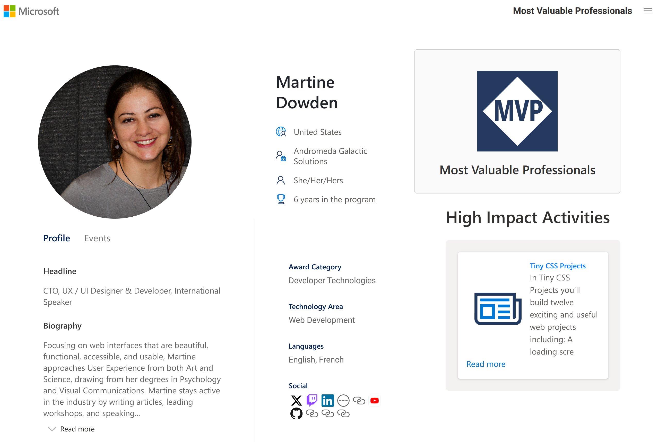Screenshot of Martine Dowden's MVP profile showing her current award category as Developer Technologies and technology are as Web Development.