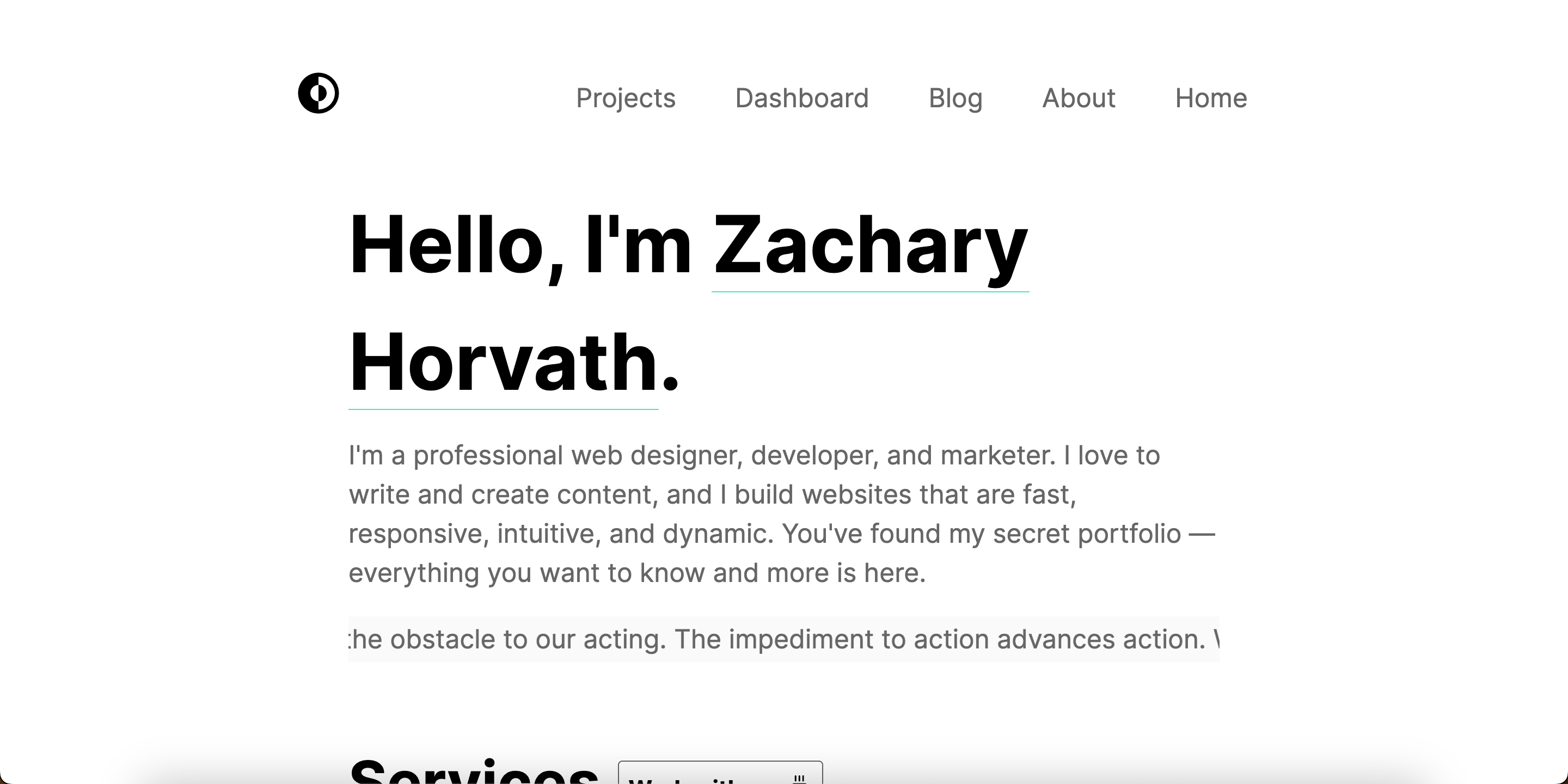 My portfolio website with very large font-size enabled