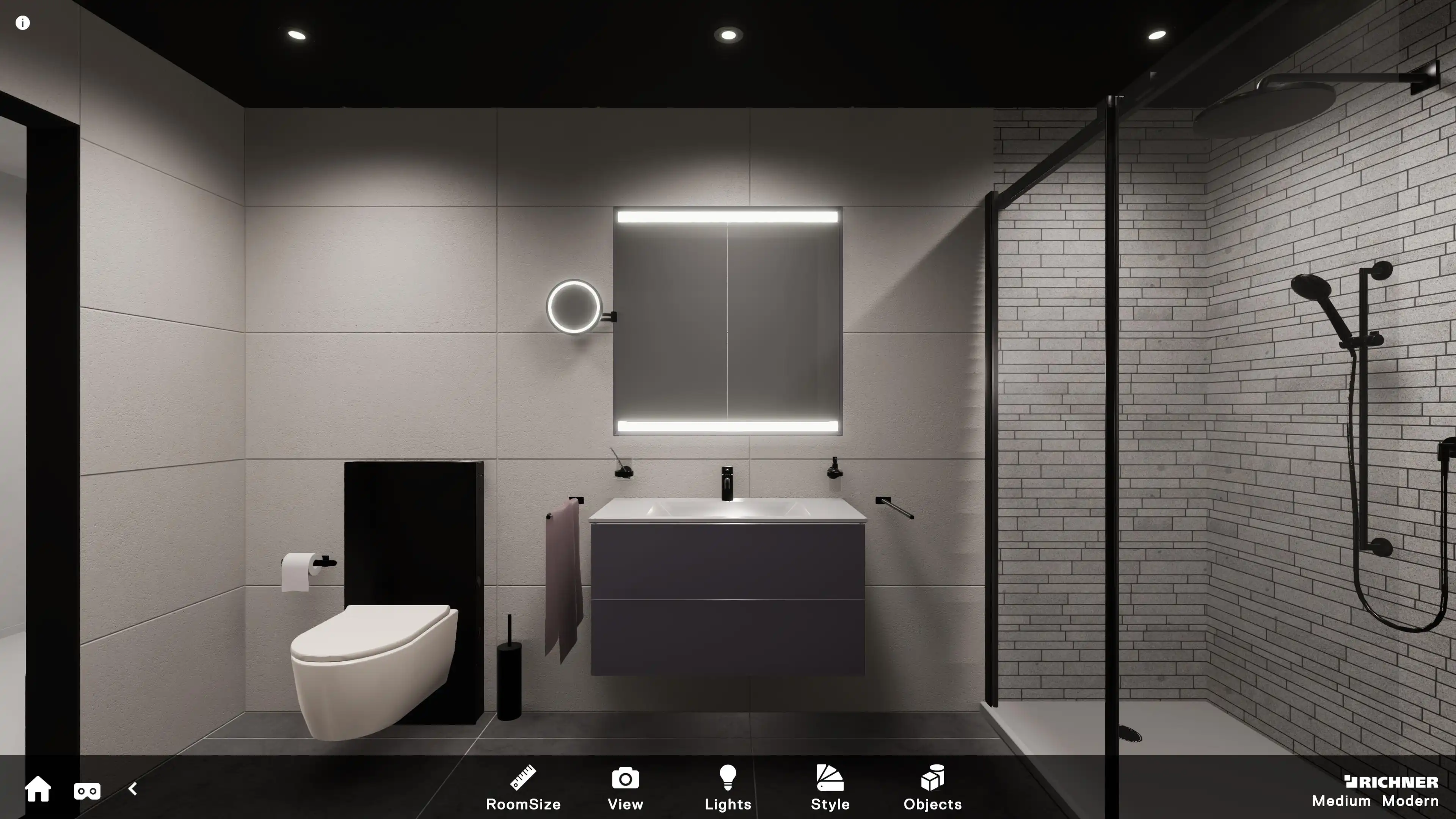 Front view of a bathroom style on touchscreen