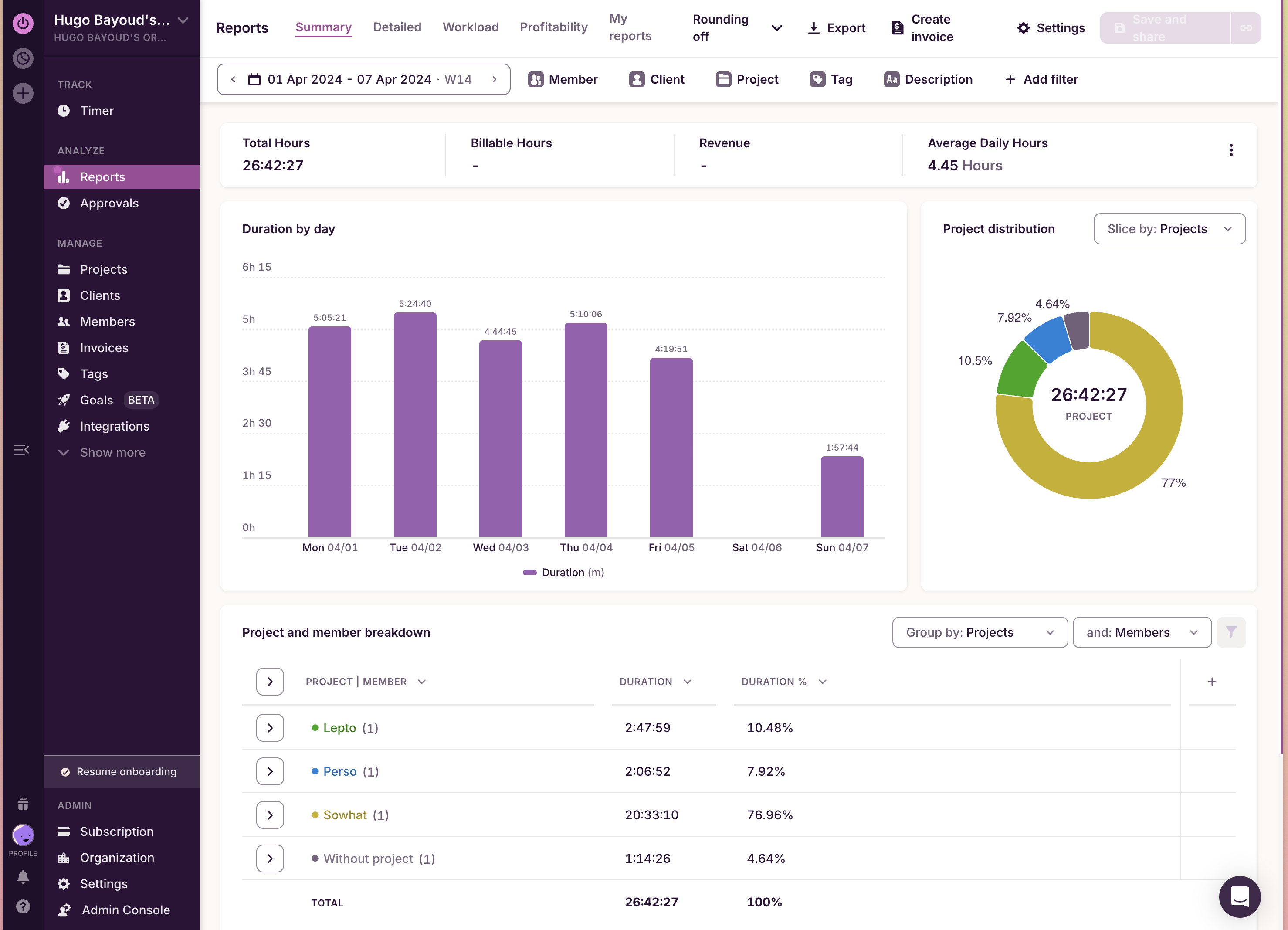 Screenshot of Toggl Track interface