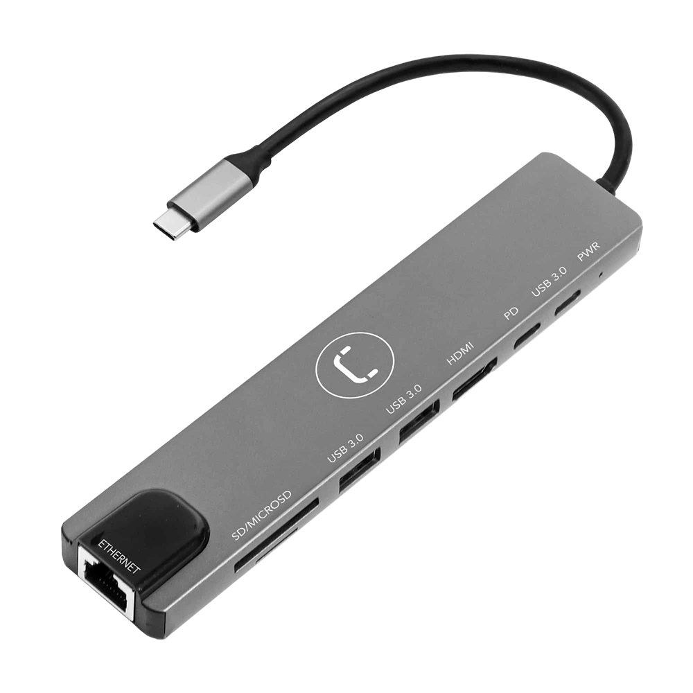 Hub Unno Tekno HB1109GY USB tipo C 8 en 1 HDMI 2 USB 3.0 Micro SD-SD RJ45 Power Delivery