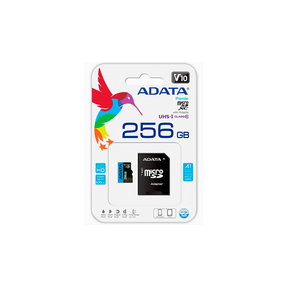 Tarjeta MicroSDXC ADATA 256GB con Adaptador UHS-I Class 10 V10 A1 Lectura 100MB/s Escritura 25MB/s