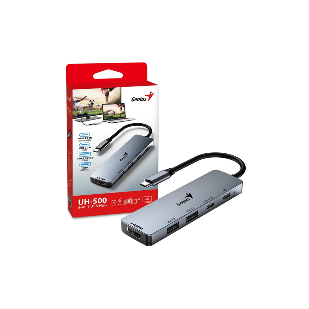 Hub USB Genius UH-500 USB-C 5 Puertos USB-A x2 USB-C x1 HDMI PD Carga Windows 10/11 Mac