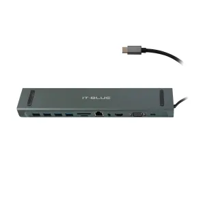 Hub USB-C 11 en 1 Adaptador AV VGA RJ45 SD TF HDMI 4xUSB3.2 Type-C Gris
