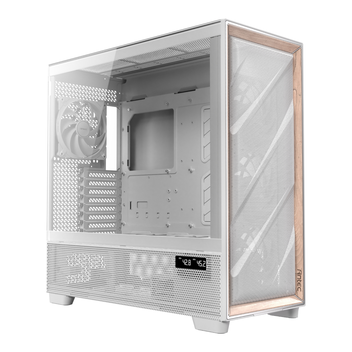 Case Antec Flux Wood Blanco Mid Tower 3x120mm Frontal 1x120mm Reverse Fan 1x140mm Trasero