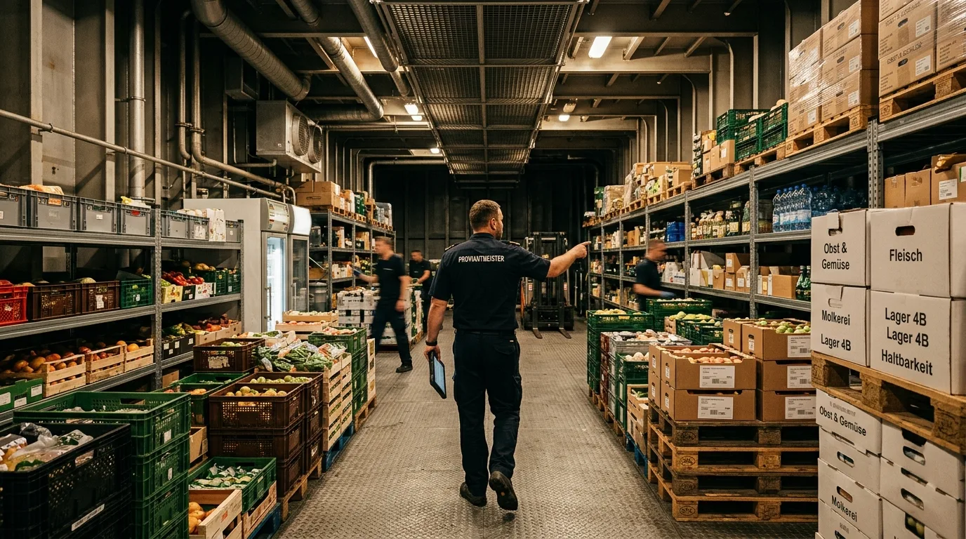 Ein Mann in Uniform geht durch die hell erleuchteten Gänge des riesigen Vorratslagers eines Kreuzfahrtschiffes.