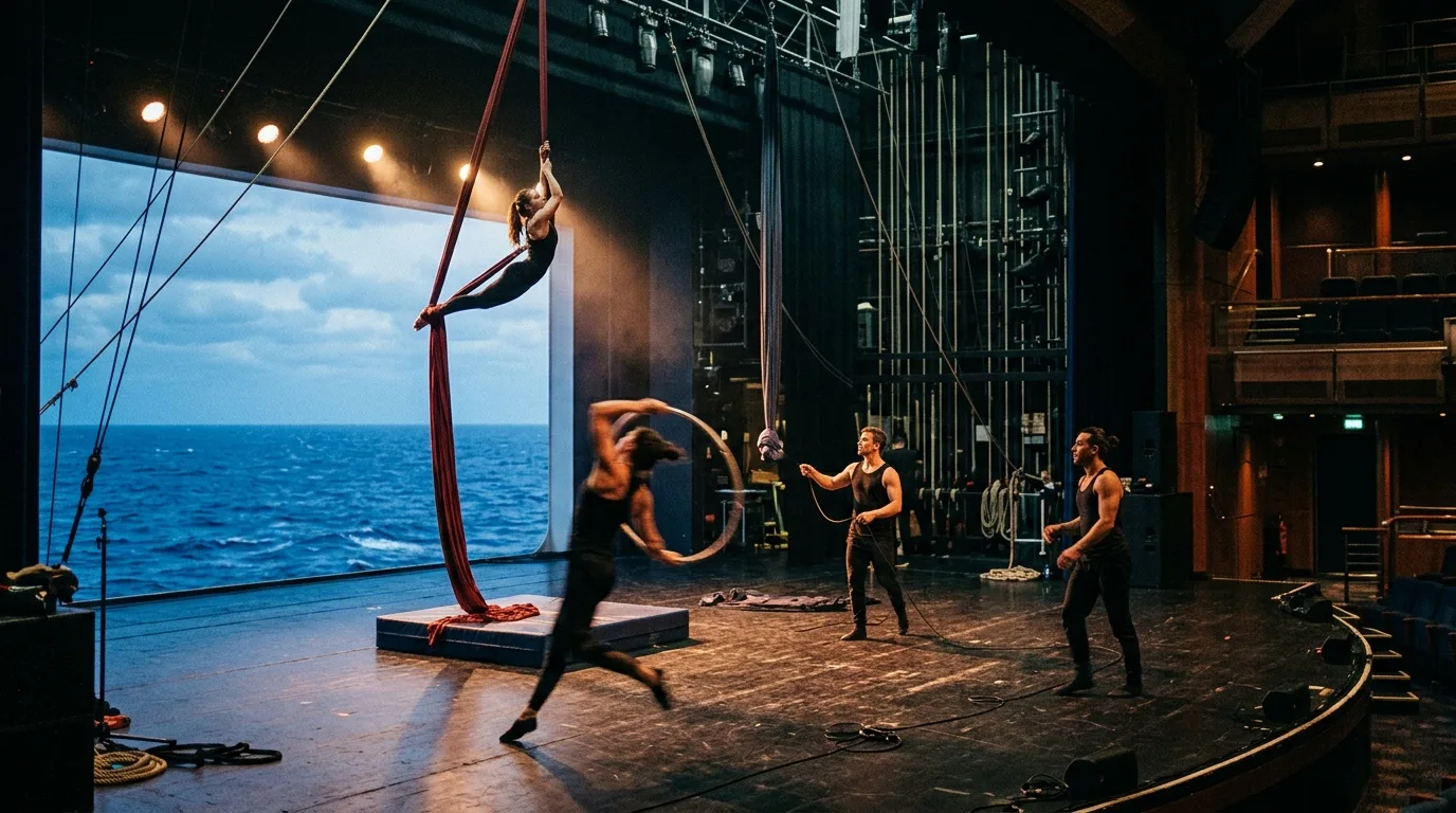 Ein Akrobat schwebt an zwei seidenen Tüchern über einer beleuchteten Theaterbühne auf einem Kreuzfahrtschiff.