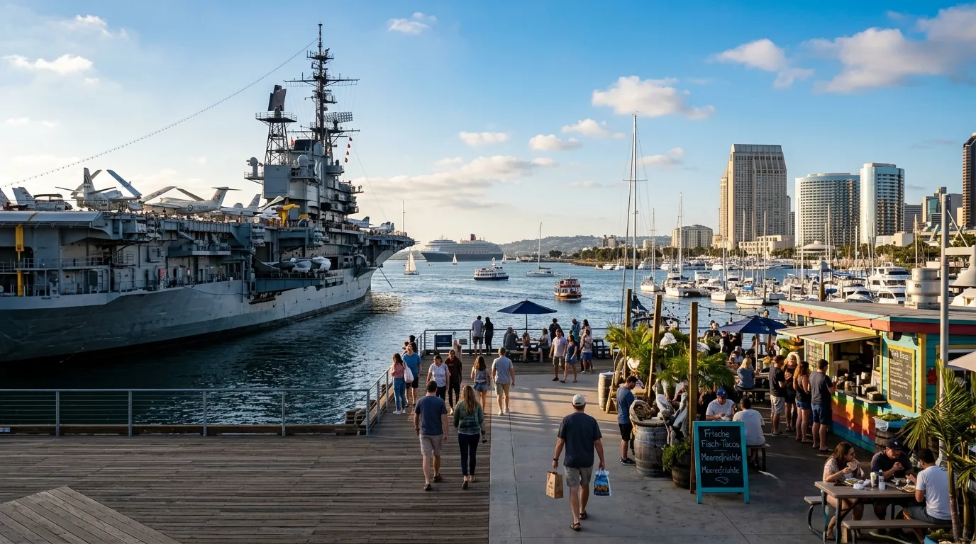 Blick auf den Hafen von San Diego mit dem historischen Flugzeugträger USS Midway Museum an der Pier unter blauem Himmel