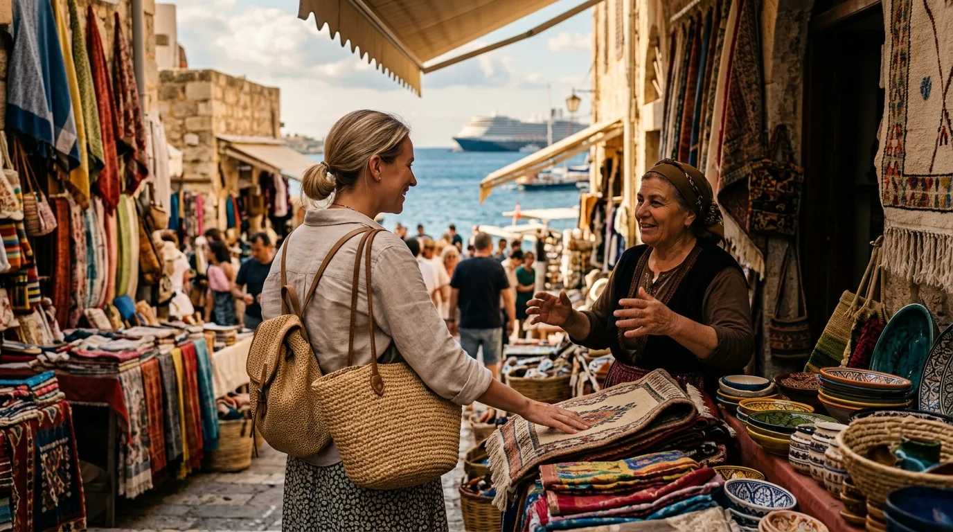 Ein gut gelaunter Tourist verhandelt lächelnd mit einem lokalen Händler an einem bunten Marktstand in einem exotischen Hafen