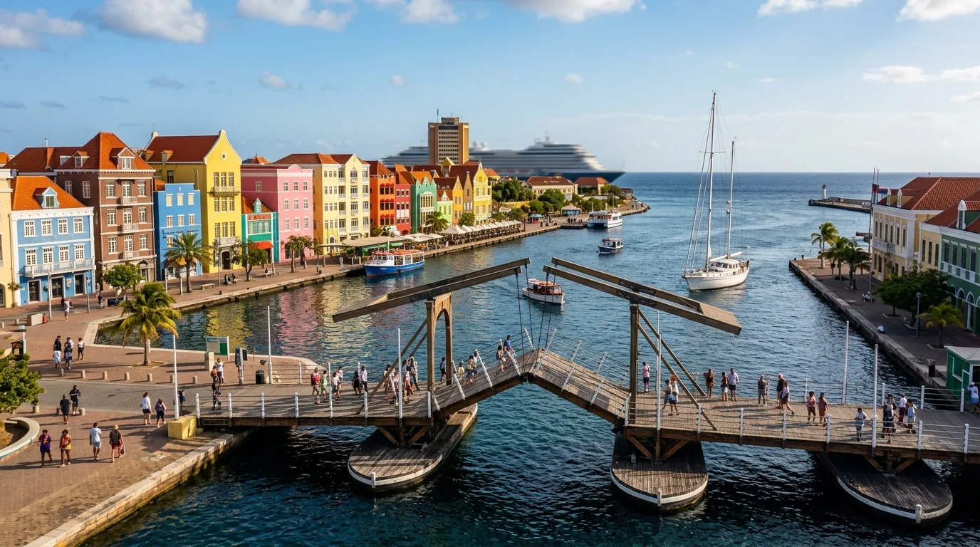 Bunte historische Kolonialhäuser am Hafenbecken von Willemstad auf Curaçao unter blauem Himmel.