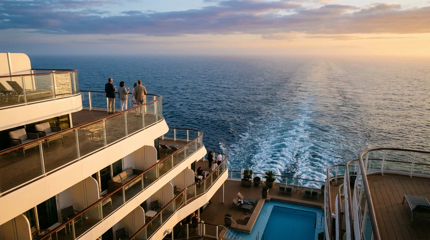 Das luxuriöse Kreuzfahrtschiff Seven Seas Explorer fährt bei Sonnenschein auf dem ruhigen, tiefblauen Meer.