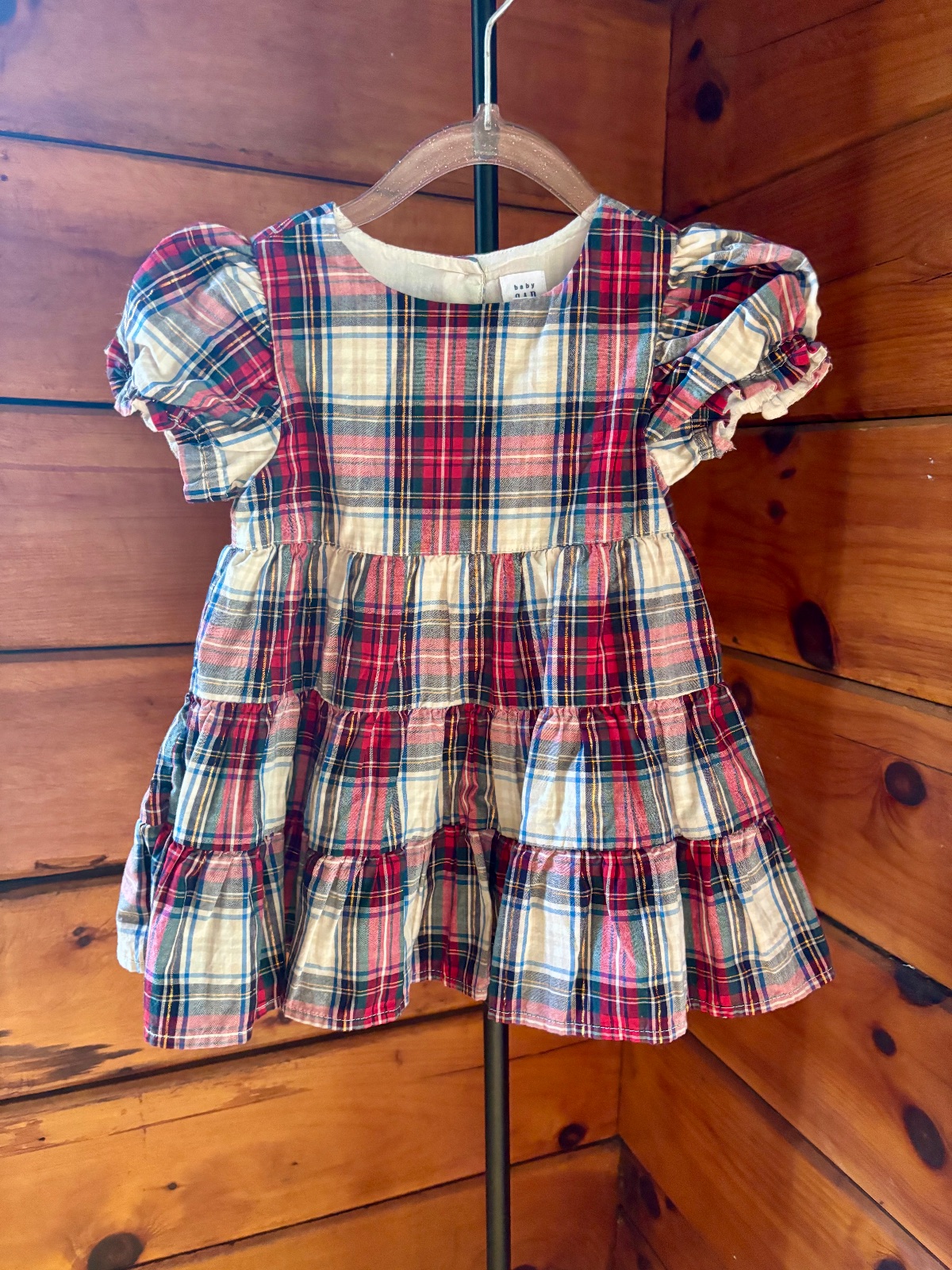 babyGap Girls 18-24M Plaid Tiered Puff Sleeve Square Neck Cotton Dress