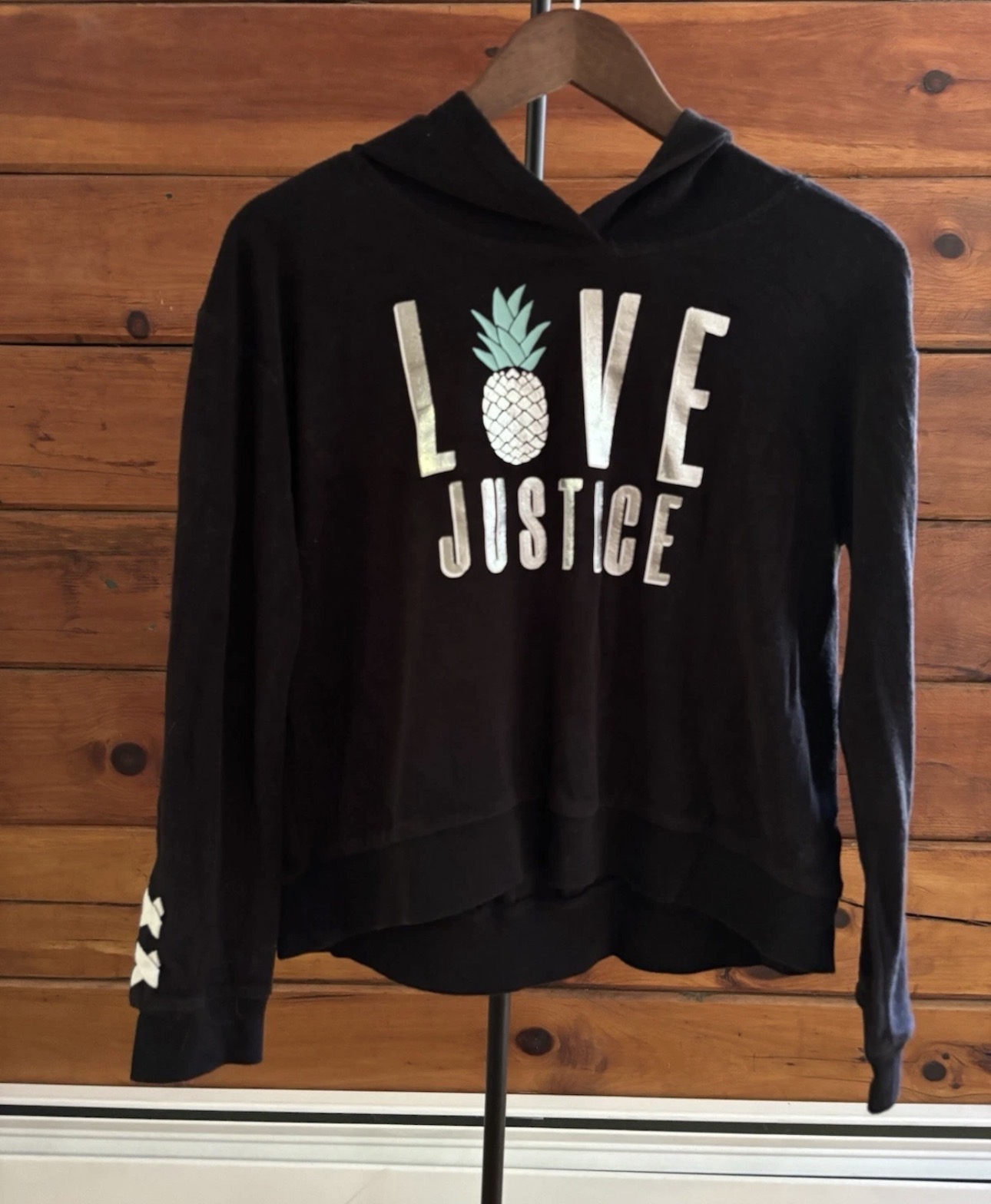 Justice Girls Black Pullover Hoodie SZ 14/16 Fleece Logo Graphic Pineapple