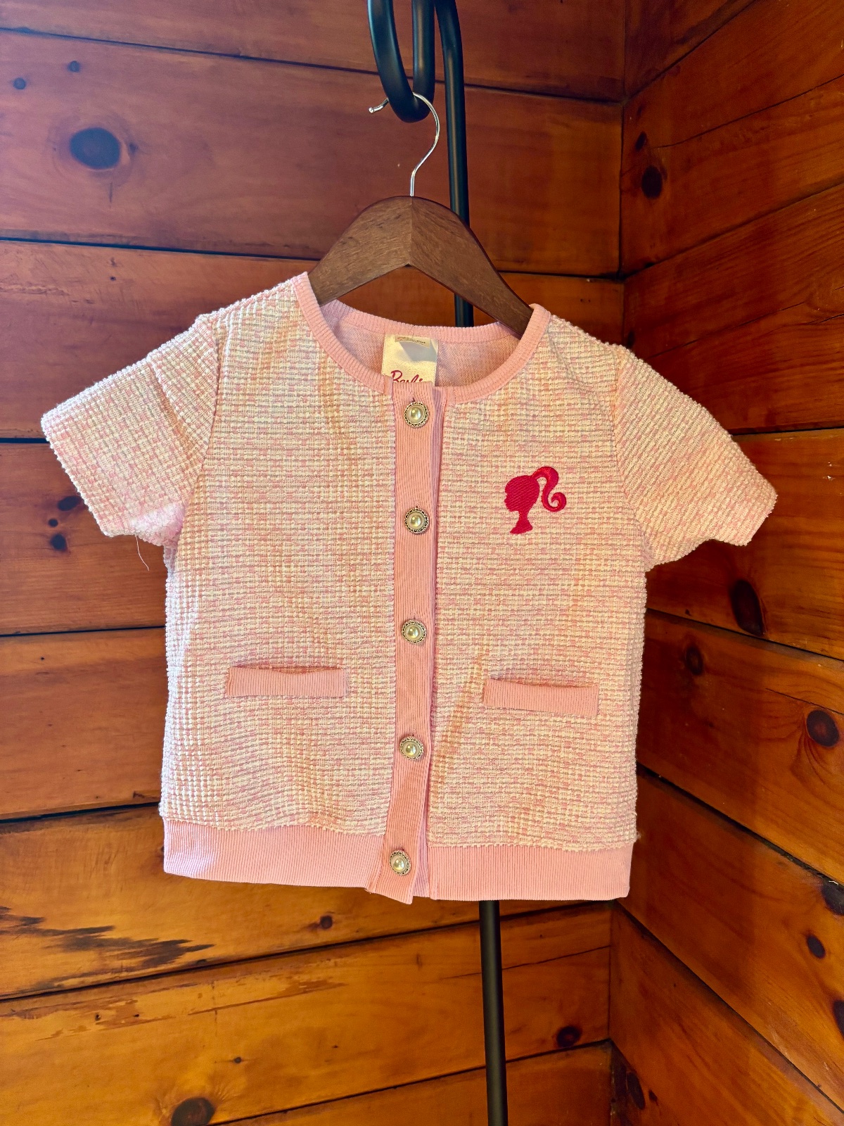 PatPat Barbie Girls Pink Tweed Crew Neck Short Sleeve Button Cardigan 7-8Y