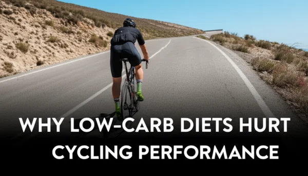 A high-quality hero image for an article titled "Why Low-Carb Diets Hurt Cycling Performance"
