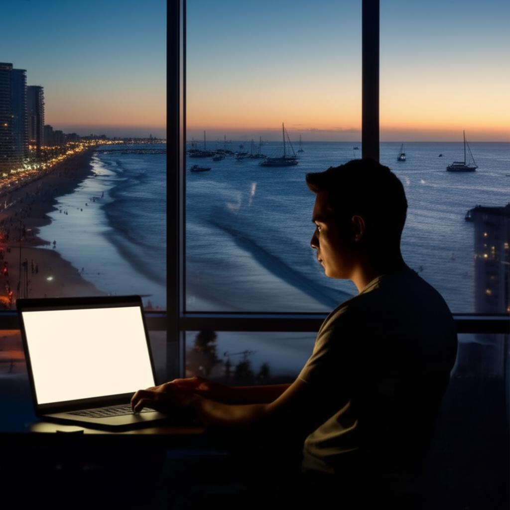 Um jovem desenvolvedor, ao anoitecer, trabalhando em seu macbook de frente a uma janela, por onde se pode ver a orla da praia e as luzes acesas da cidade e das embarcações.
