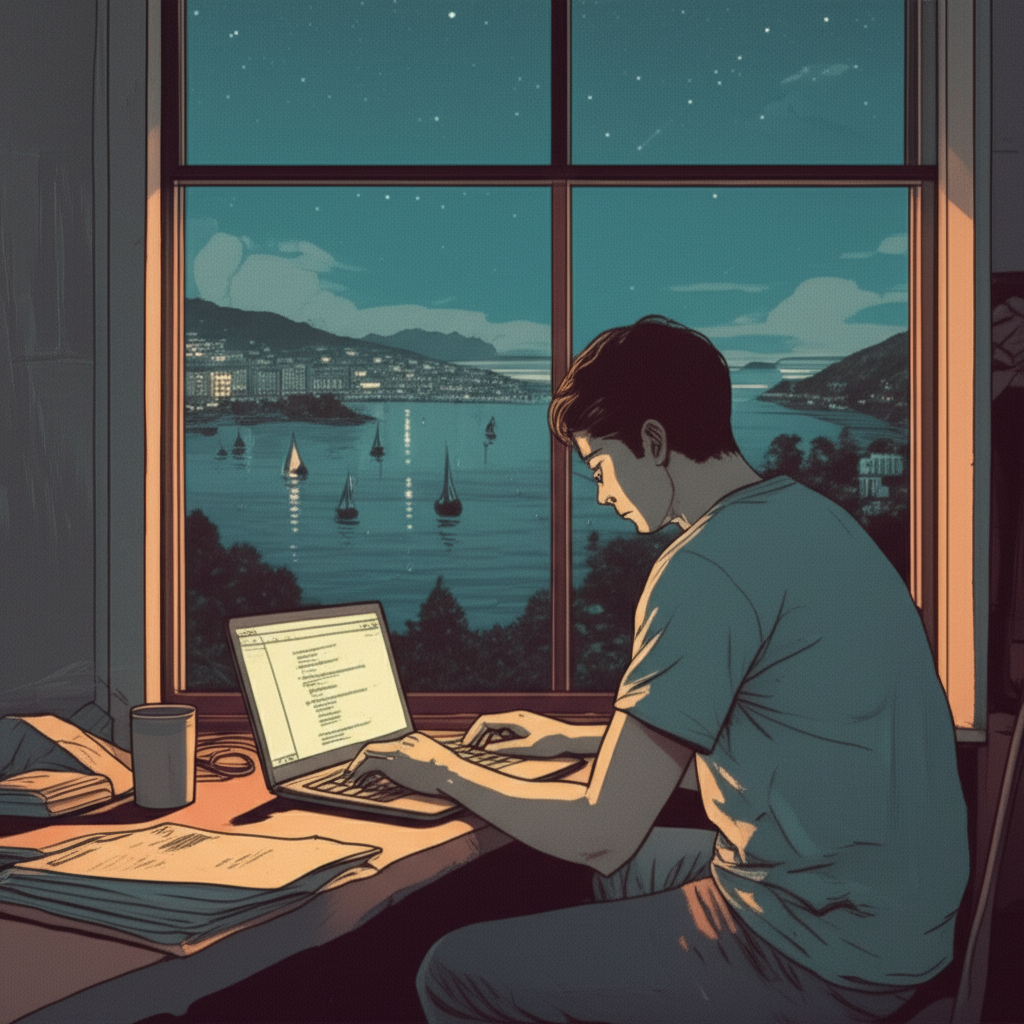 Um jovem desenvolvedor, ao anoitecer, trabalhando em seu macbook de frente a uma janela, por onde se pode ver a orla da praia e as luzes acesas da cidade e das embarcações. Estilo lo-fi, HQ