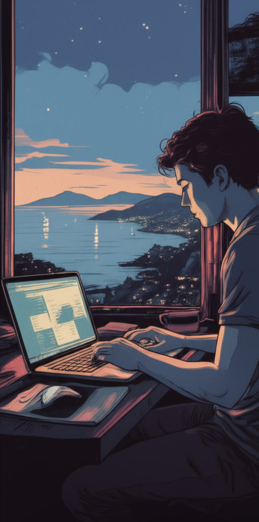 A young developer is deeply engrossed in coding on his Macbook as dusk settles in. He's positioned in front of a large window, offering a scenic view of the coastline. The city lights twinkle, mirroring the stars above, and the gentle glow of boats at sea adds to the tranquil atmosphere. The scene is rendered in a lo-fi aesthetic, reminiscent of a vintage comic book, with soft colors and slightly grainy textures to enhance the nostalgic feel. The overall mood is calm, focused, and subtly melancholic.