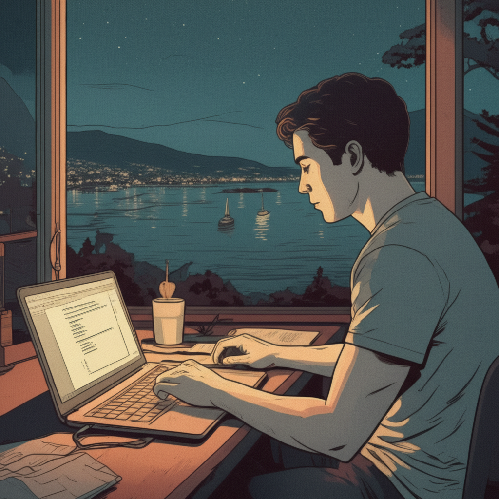 A young developer is deeply engrossed in coding on his Macbook as dusk settles in. He's positioned in front of a large window, offering a scenic view of the coastline. The city lights twinkle, mirroring the stars above, and the gentle glow of boats at sea adds to the tranquil atmosphere. The scene is rendered in a lo-fi aesthetic, reminiscent of a vintage comic book, with soft colors and slightly grainy textures to enhance the nostalgic feel. The overall mood is calm, focused, and subtly melancholic.